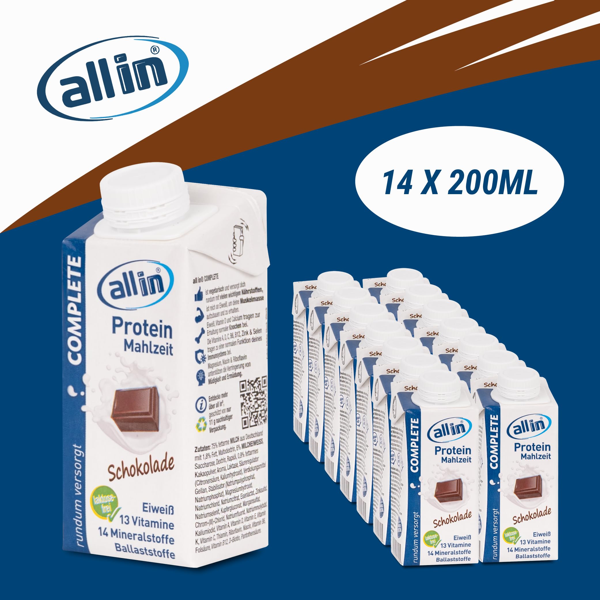 all in® COMPLETE Protein Drink Schokolade 14x 200ml - Hochkalorische Trinknahrung auf Milch-Basis | Mehrkomponenten Protein Shake Mahlzeit zur schnellen Gewichtzunahme