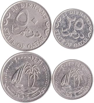2 Coins from Qatar | Qatari Coin Set Collection 25 50 Dirhams | Circulated 2000-2003 | Palm Trees | Sailing Ship - Dhow