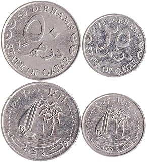 2 Coins from Qatar | Qatari Coin Set Collection 25 50 Dirhams | Circulated 2000-2003 | Palm Trees | Sailing Ship - Dhow