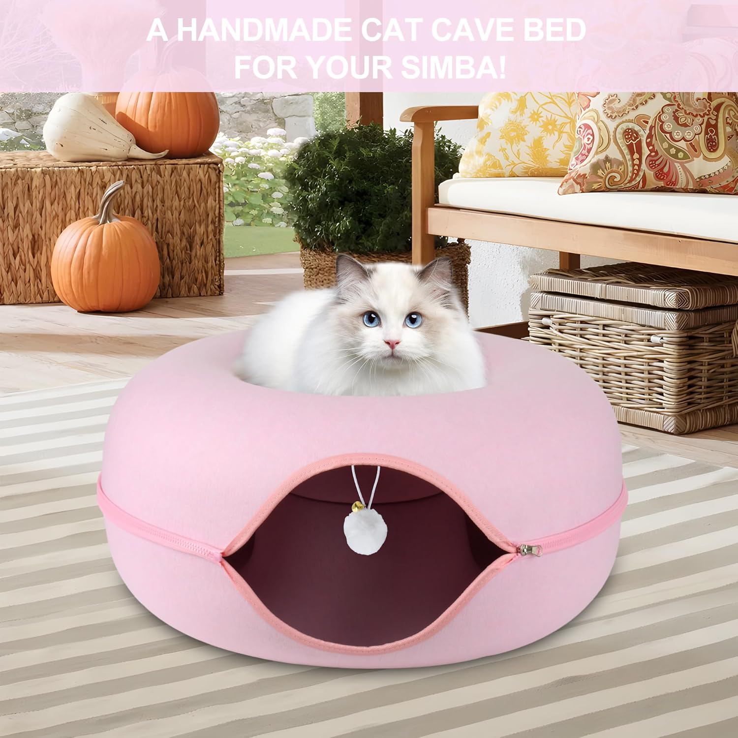 Cat Tunnel Bed, Cat Cave Bed ，Beds for Indoor Cats - Large Cat House for Pet Cat Cave ，Detachable Round Felt & Washable Interior Cat Play Tunnel for Small Pets (24 Inch, Pink)
