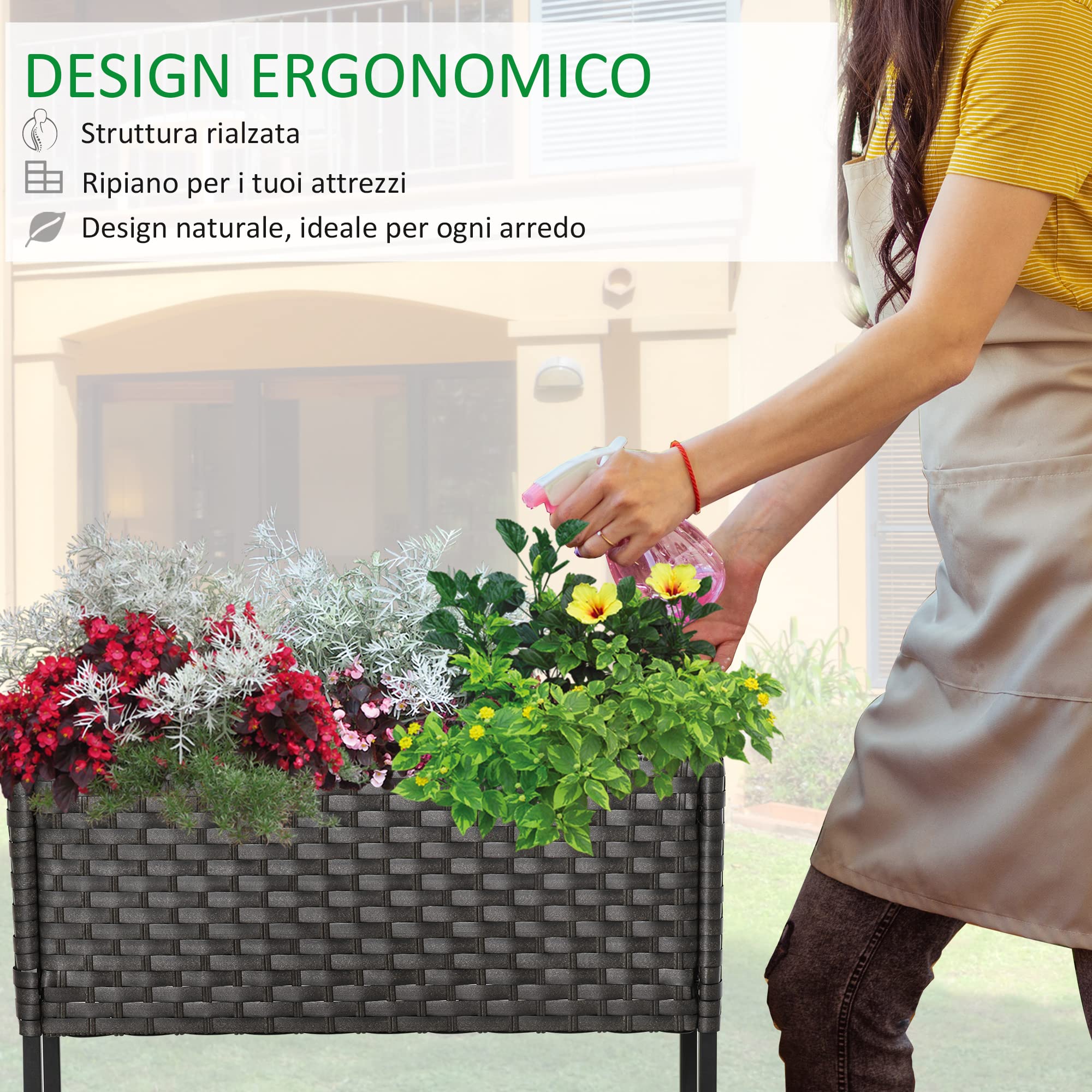 Outsunny Letto per Orto Rialzato, Fioriera Effetto Vimini con Ripiano, Aiuola Rialazata per Esterni e Interni, Grigio (70cm x 30cm x 72cm)