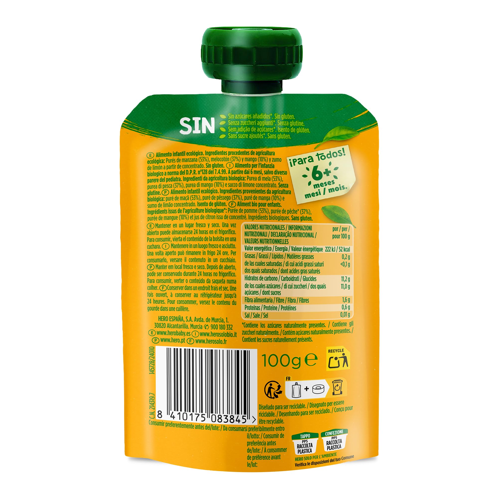 Hero Solo Bio Frutta Frullata 100% Bio, Senza Zuccheri Aggiunti, Purea di Mela, Pesca, Mango - 18 Confezioni da 100 gr