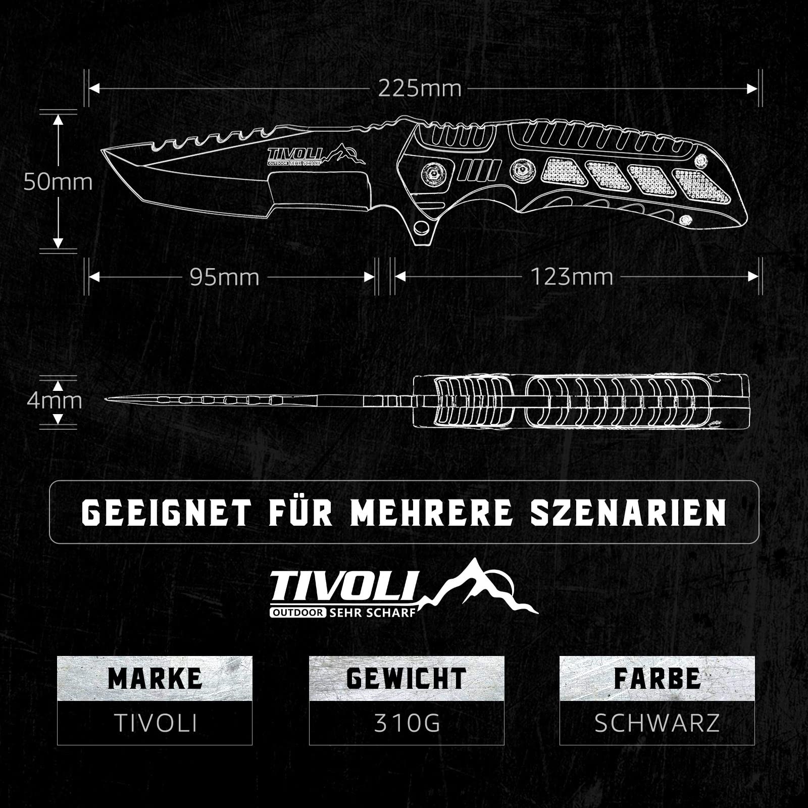 TIVOLI Coltello da Caccia con Fodera Kydex, Coltello di Sopravvivenza e Bushcraft in Acciaio Inossidabile, Lunghezza Lama 9,5 cm, per Attività Outdoor, Campeggio e Sopravvivenza
