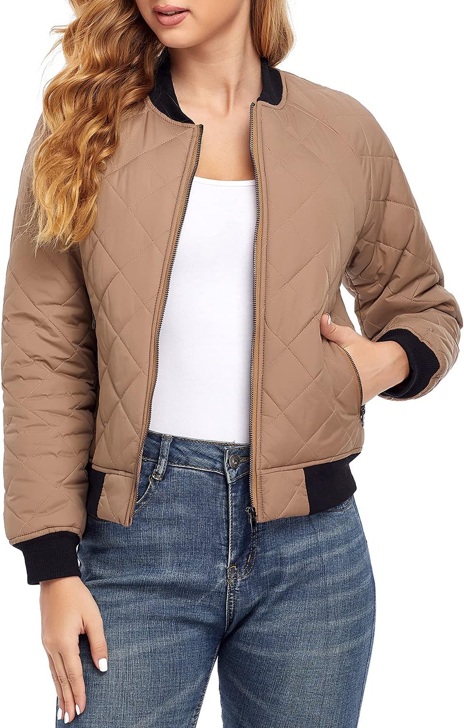 andy & natalie Women's Bomber Jacket Fashion Quilted Casual Lightweight Bomber Jakcets Zip up Outerwear Jacket with Pockets
