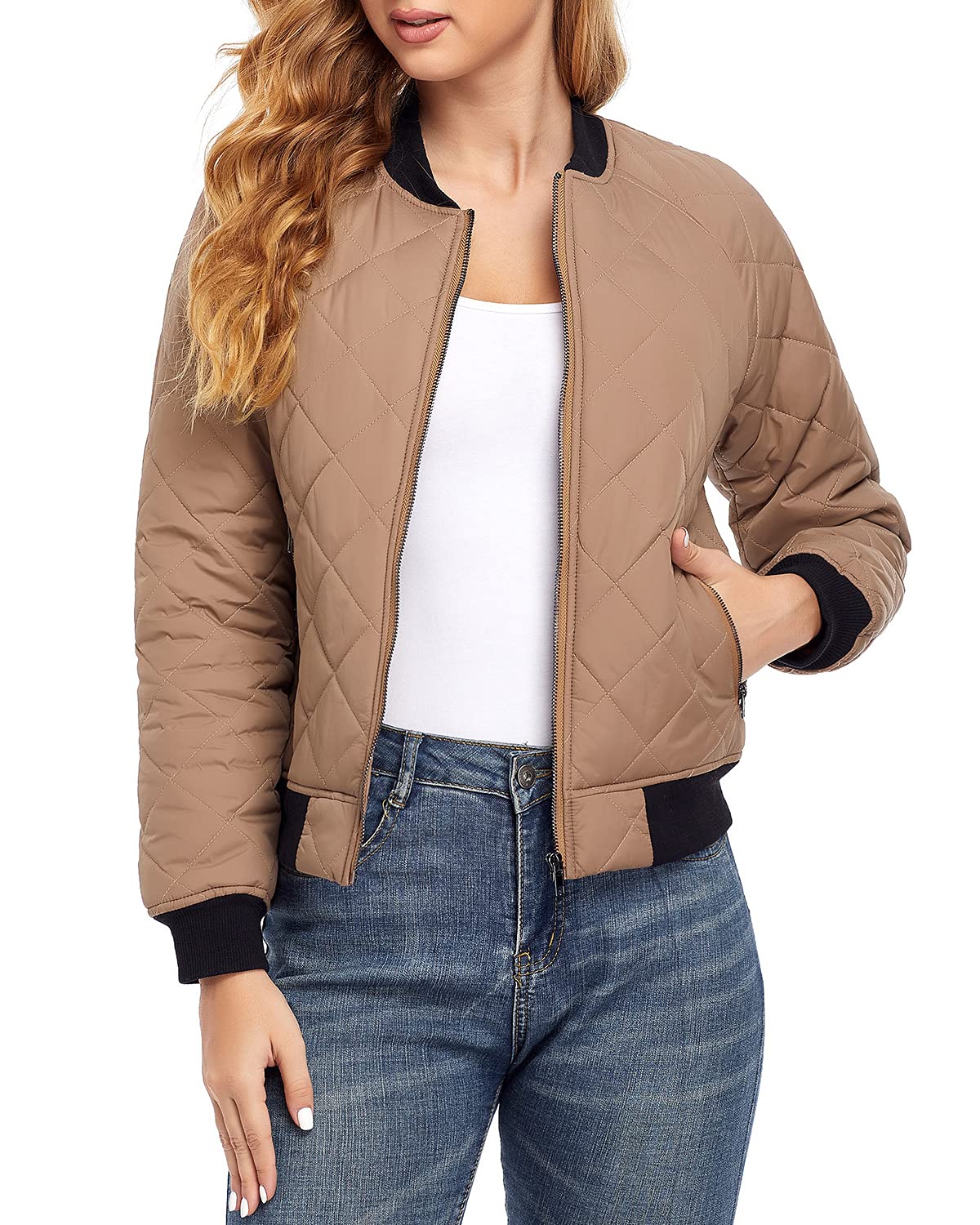 andy & natalie Women's Bomber Jacket Fashion Quilted Casual Lightweight Bomber Jakcets Zip up Outerwear Jacket with Pockets