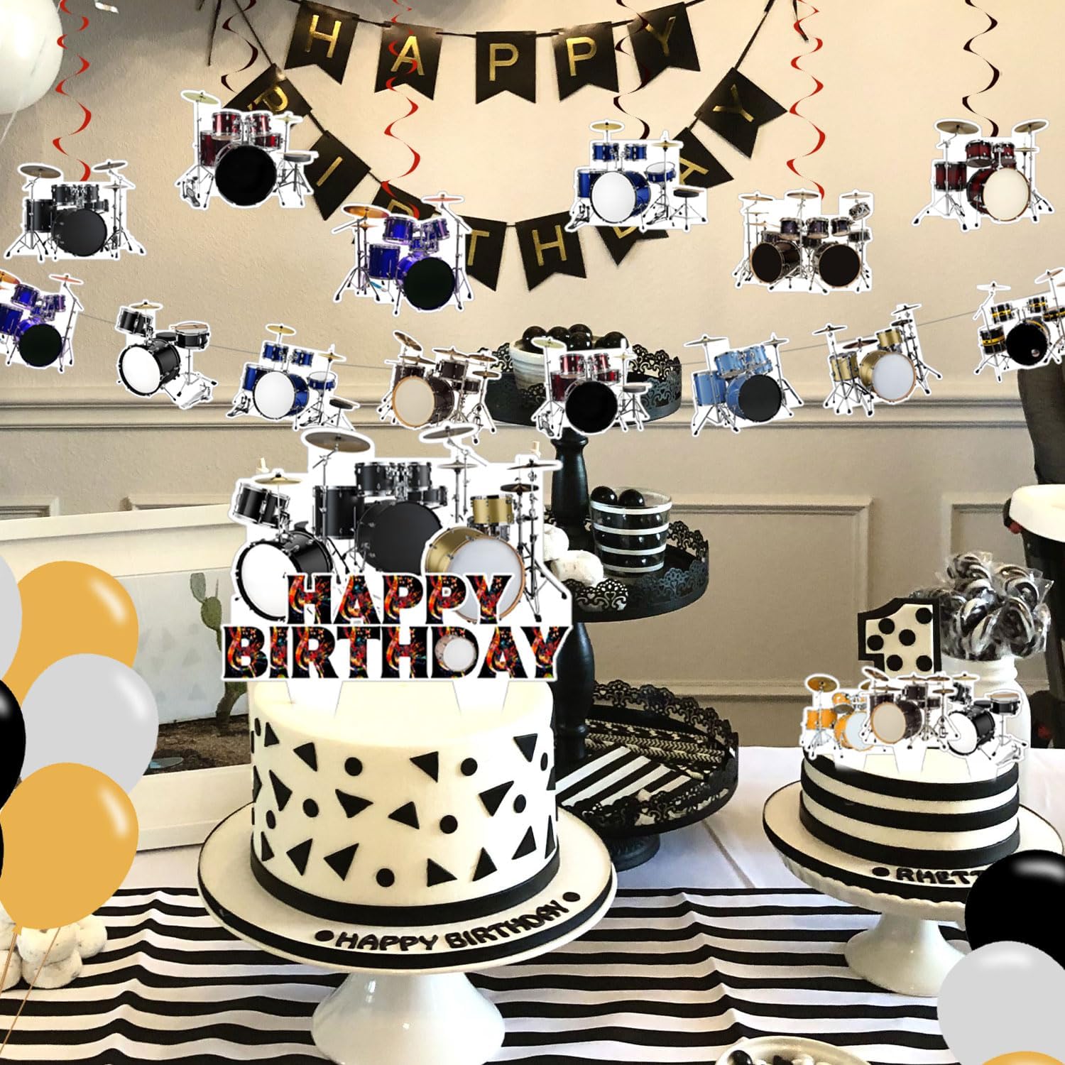 Music Drum Birthday Party Decorations,Music Drum Party Decorations Happy Birthday Banner, Balloons,Hanging Swirls,Cake and Cupcake Toppers for Party Decor Gifts - Image 6