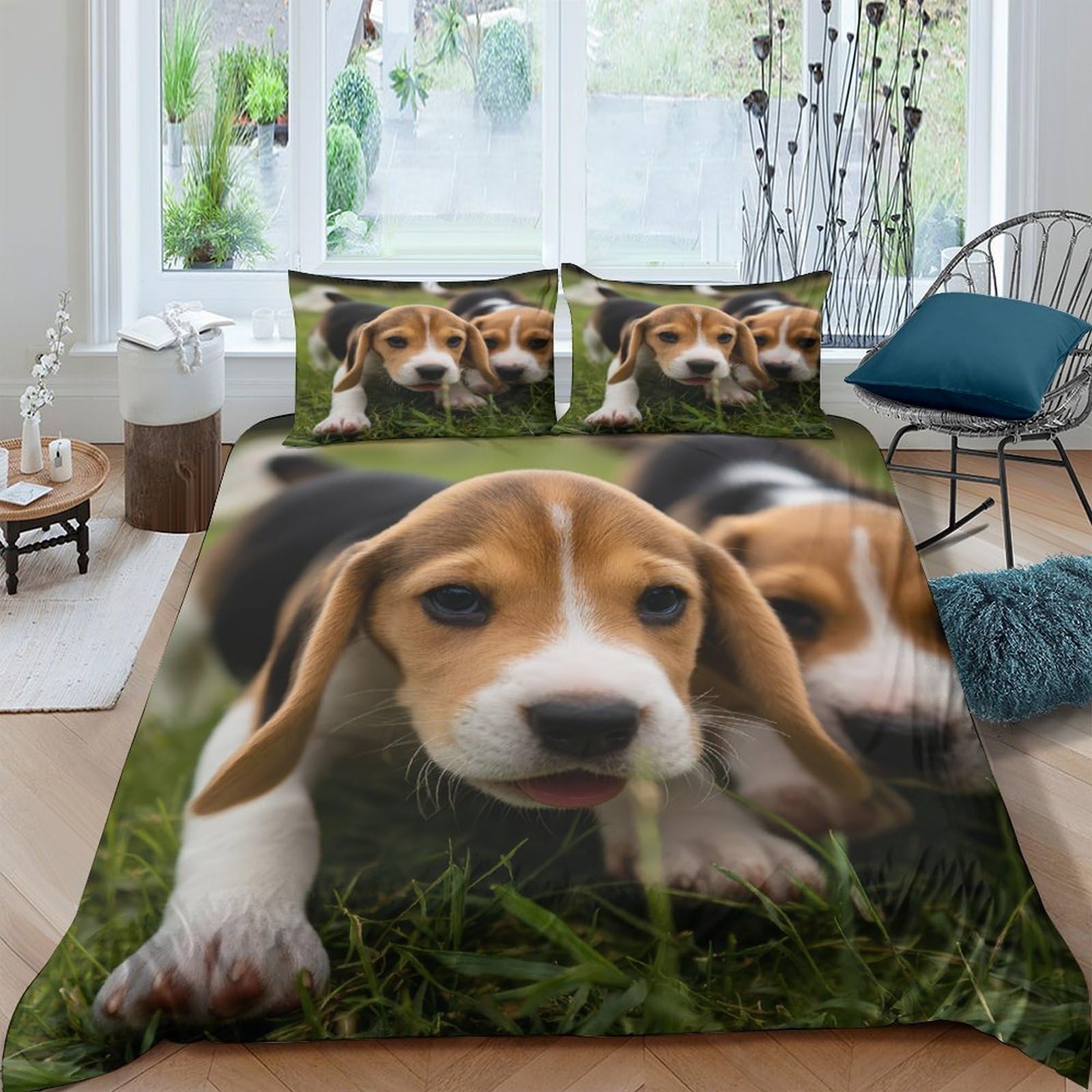 GPLZQXKJNH 3D Printed Beagle Puppy Duvet Cover Set Microfiber Soft Breathable Dog Pattern Bedding Set with 2 Pillowcases for Bedroom, Single（135x200cm）