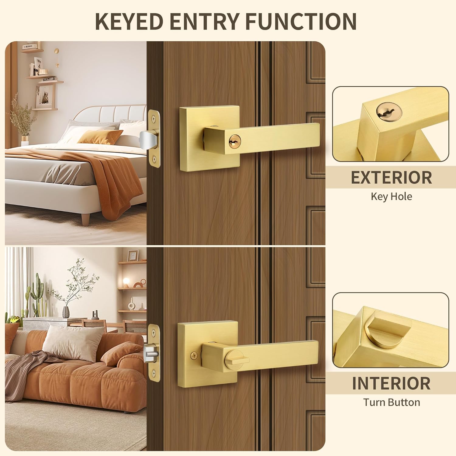 Moquin Square Gold Door Handles with Lock and Key (Keyed Differently), Heavy Duty Brushed Gold Door Handles with Reversible Lever for Bedroom or Front Door, Satin Brass, 5 Pack