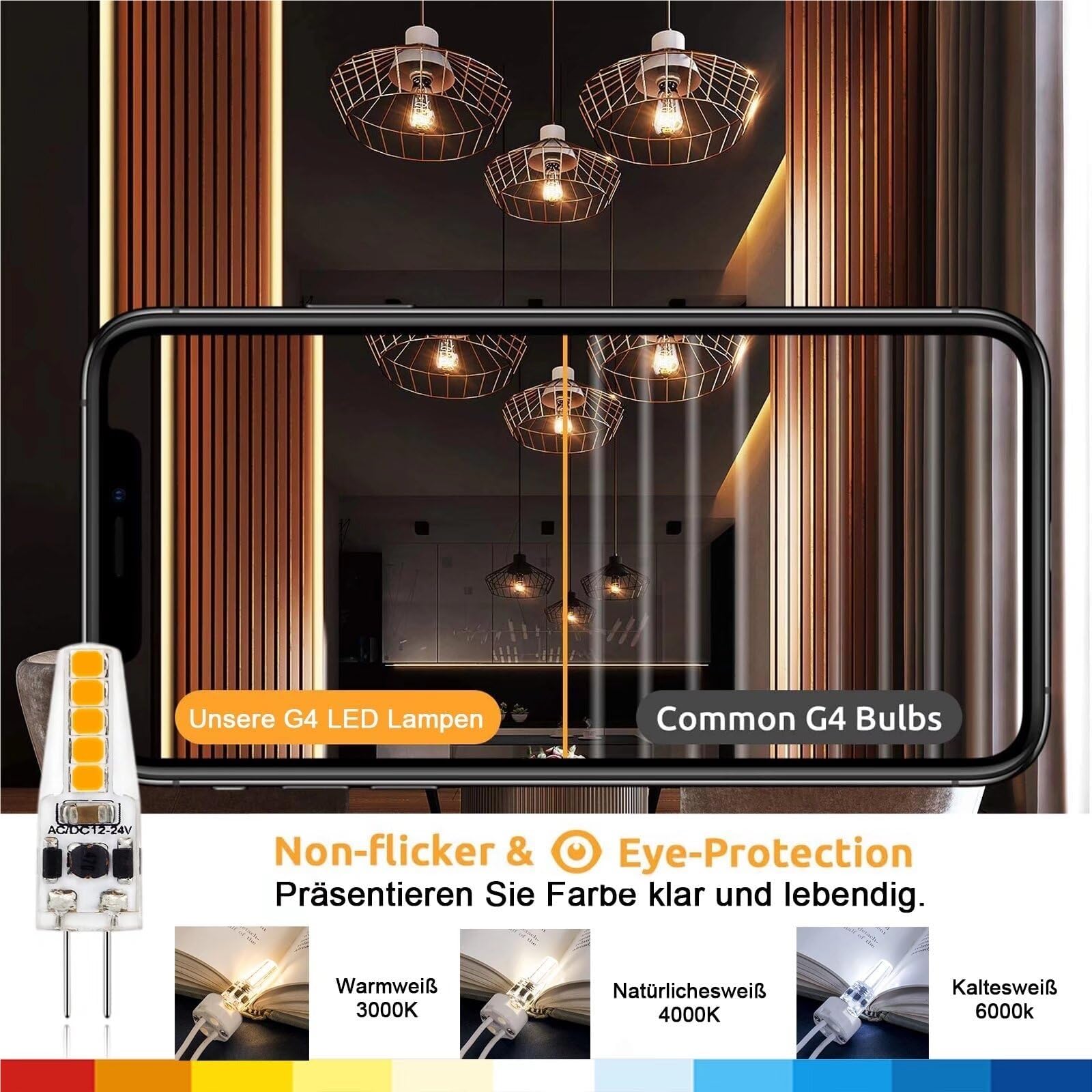 Żarówka LED G4 12V Możliwość ściemniania 2W ekwiwalent 20 W halogenowa oprawka AC / DC G4 dwubiegunowe lampy LED IRC 80+ bez migotania 200 lumenów [klasa energetyczna A] (ciepła biel 3000 K, 12pack)