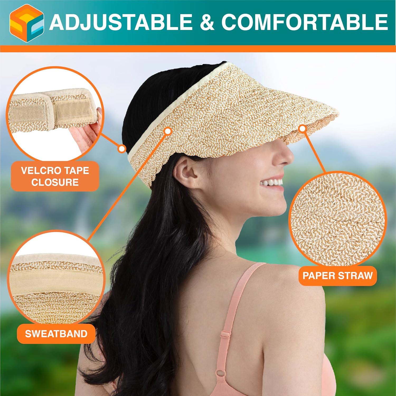 SUN CUBE Women Sun Visor Hat, Straw Beach Hat Wide Brim UV Protection, Foldable Packable Cap, Roll Up Ponytail Summer Visor - Image 4