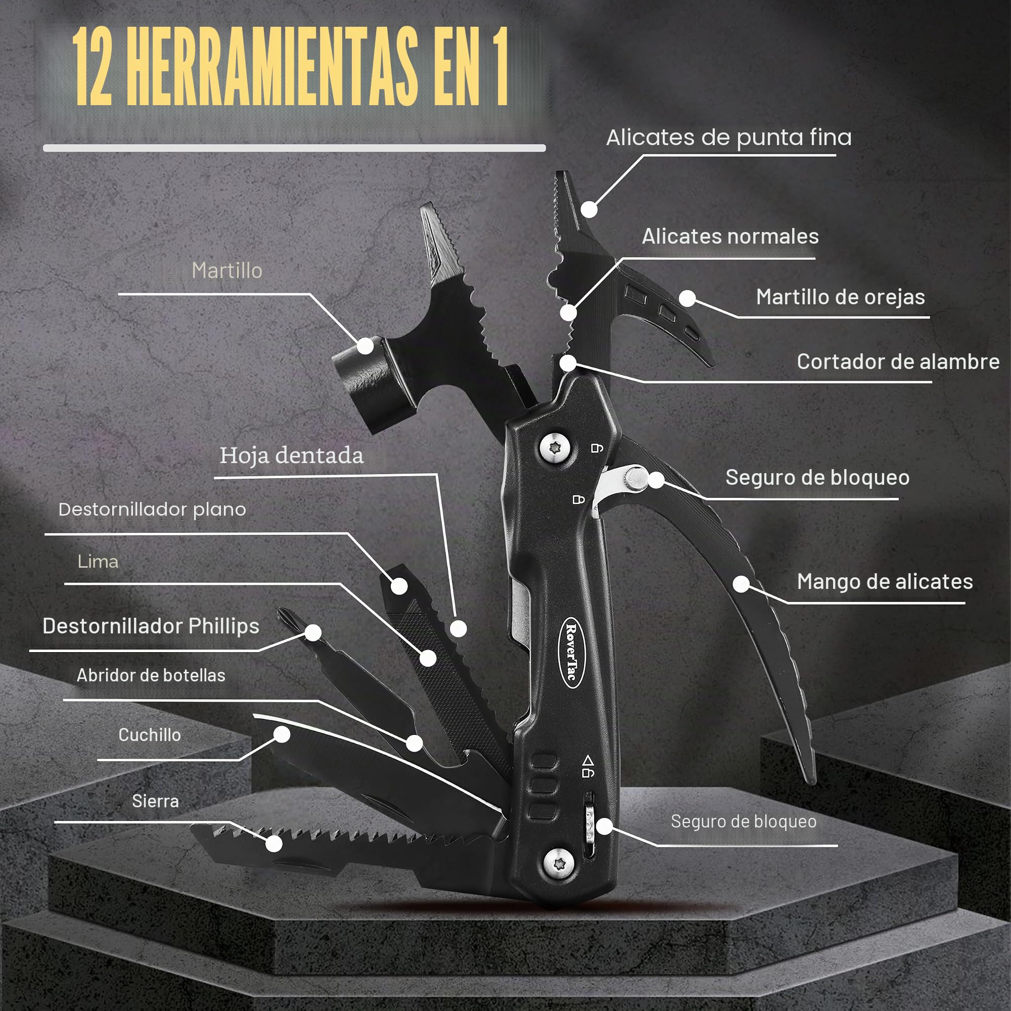 RoverTac Juego de herramientas múltiples: martillo multiherramienta 12 en 1, linterna LED, cuchillo utilitario en caja de regalo premium, equipo de supervivencia para camping, regalo multiherramienta
