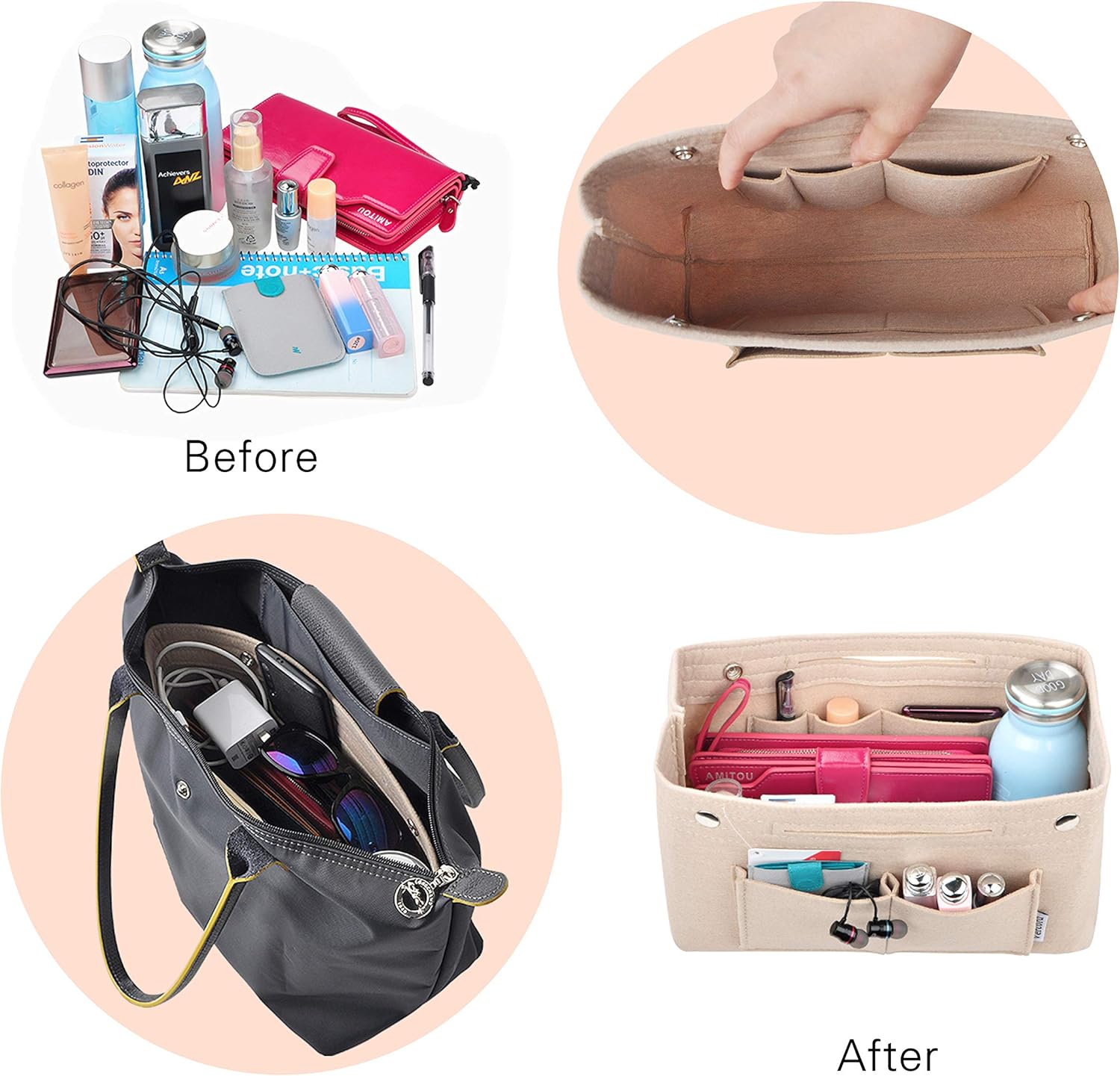 Vercord Felt Purse Tote Organizer Insert Divider Inside Handbag for Women Medium Beige, 11 inch x7.1 inch x3.5 inch - Image 6