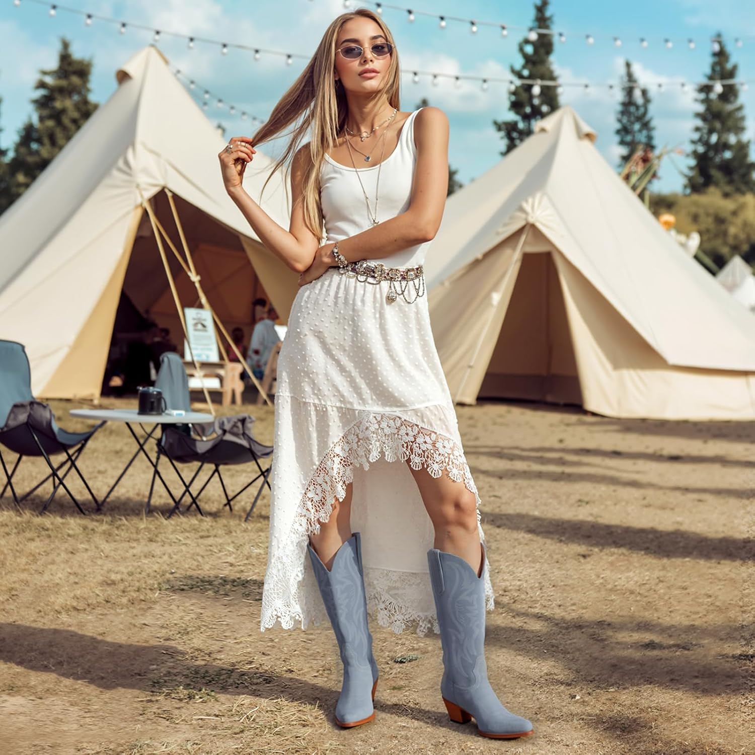 GORBINETI Women Cowboy Boots Mid Calf Cowgirl Western Boots Embroidered Suede Pull On Almond Toe Chunky Heel