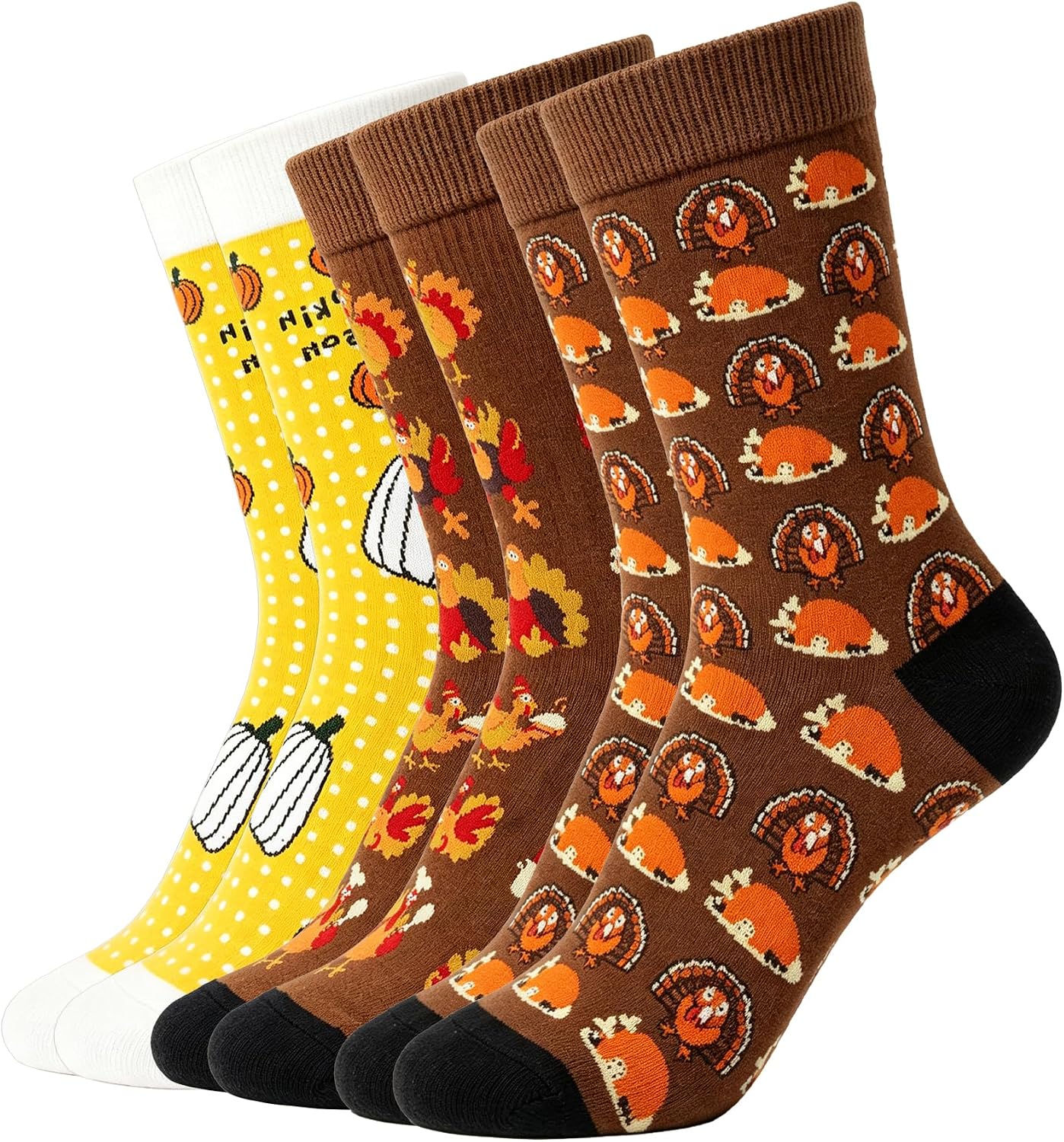 qdl Thanksgiving Turkey Pumpkin Socks, 3 Pairs Men Women Mid Calf Socks