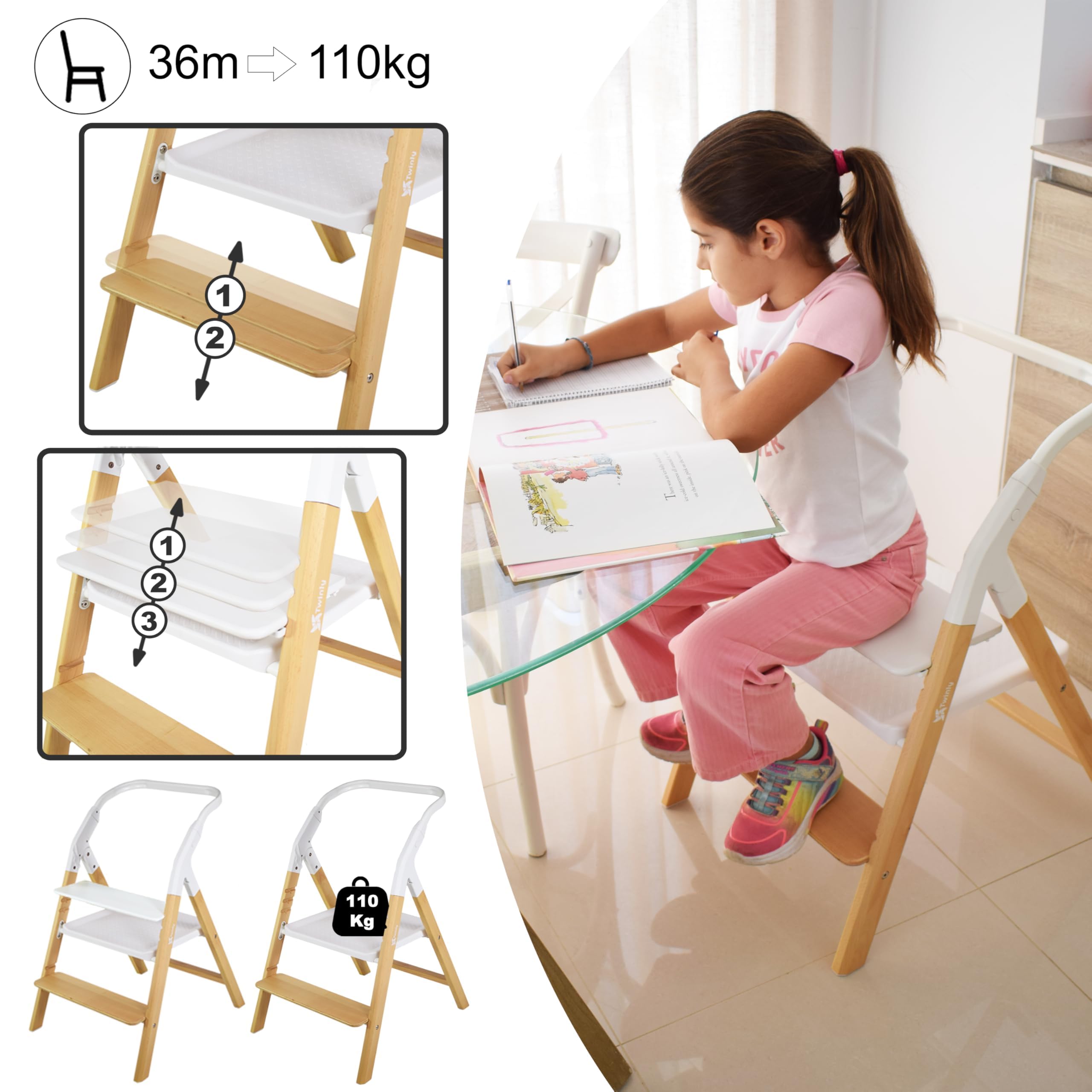 Twinly - Trona Evolutiva Bebé Set con hamaca 5 en 1 Multifunción Alaia: Hamaquita, Torre de Aprendizaje, Silla - desde Nacimiento 0m+ -Plegable y Ergonómica Madera Haya - Arnés con protector