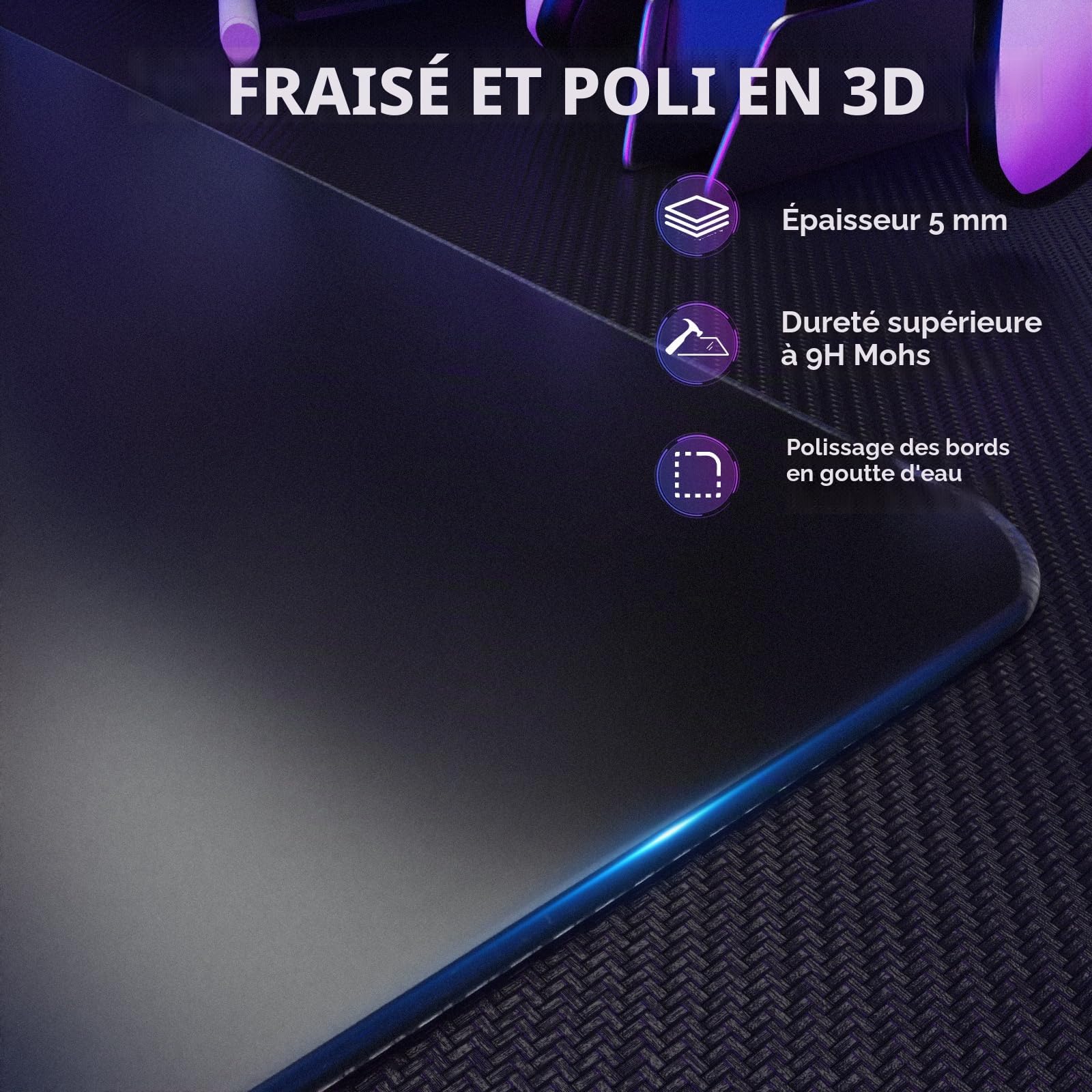 ATTACK SHARK CM05SE Tapis Souris Verre Trempé, 9H Dureté Anti-Rayures, Surface Ultra-Lisse Gravée Nano, Base PU Antidérapante, Haute Précision, Déplacement Rapide, 410×310×5mm, Esports/Bureau - Noir