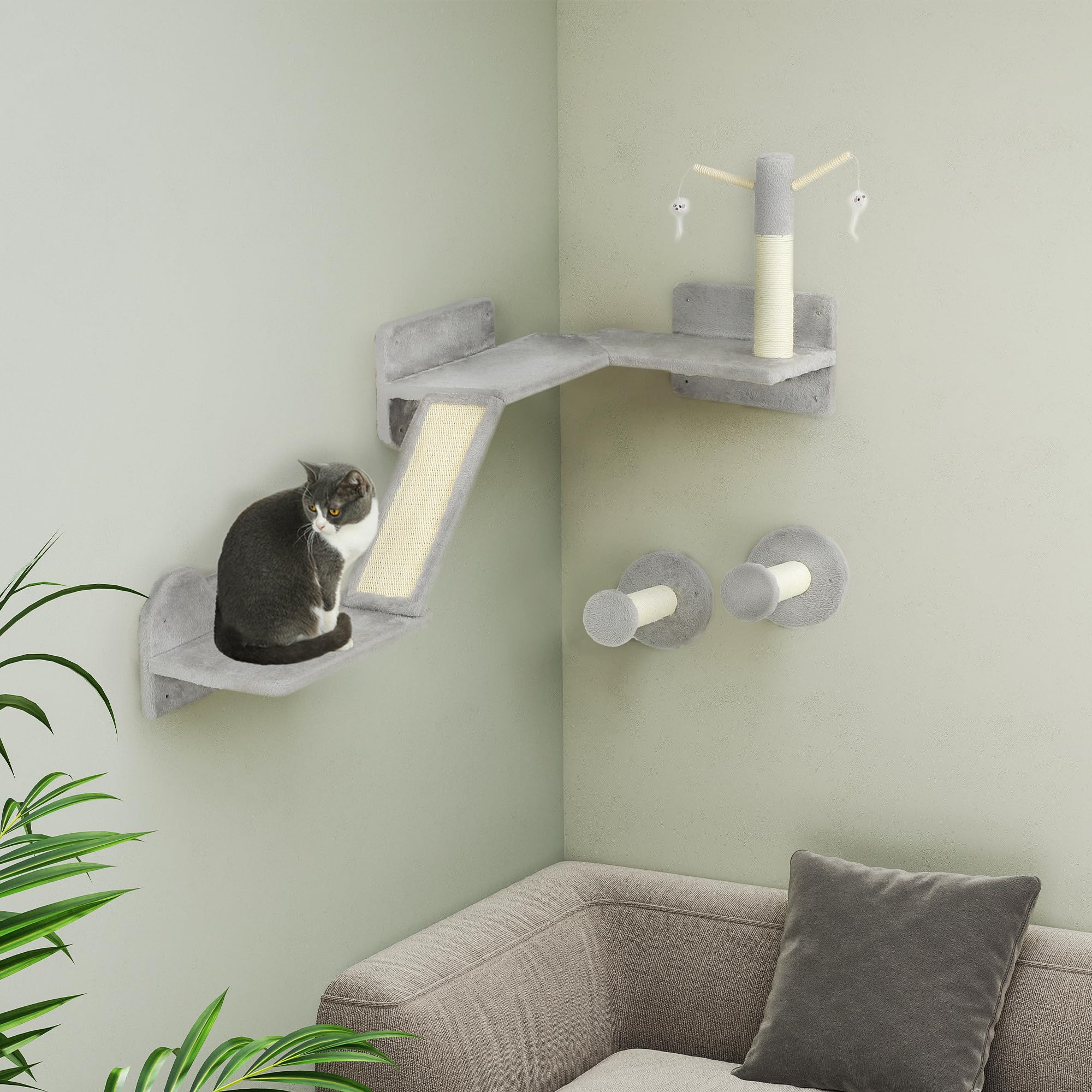PawHut Cat Wall Furniture, 3 Piece Cat Shelves with Scratching Posts, Scratching Pads, Perches, Wands, Toy Balls, Corner Design Kitty Wall Shelves for Indoor Kittens, Light Grey