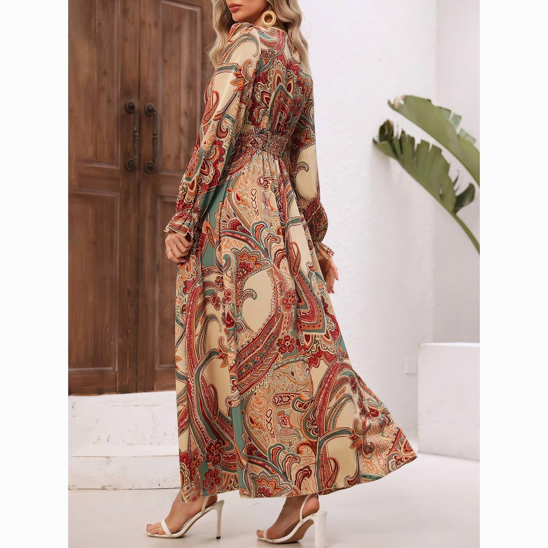 Women's Casual Long Sleeve Midi Fall Dress Boho V Neck Ruffled Vintage  Floral Print Flowy Long Dresses(Brown