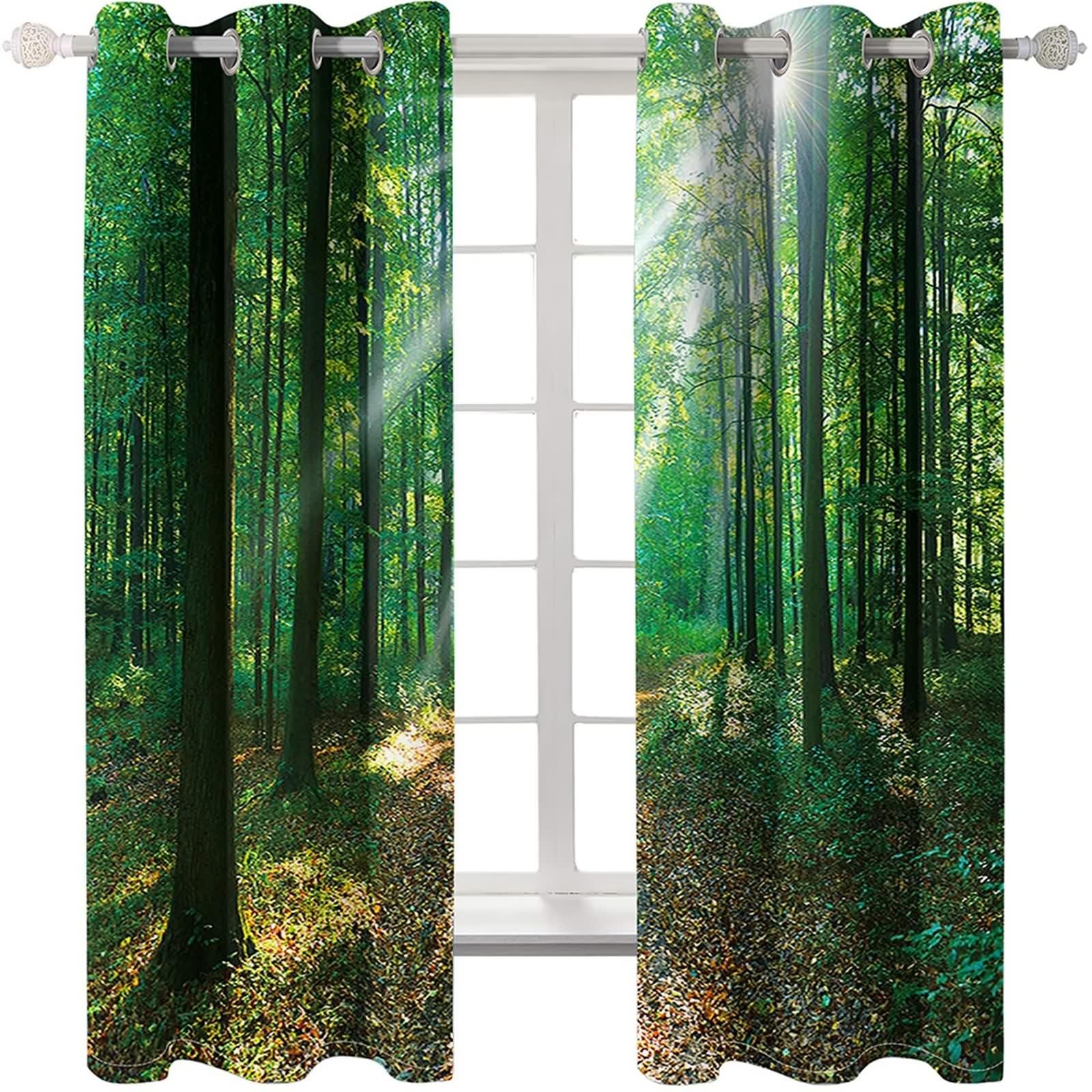 Rideau Vert Anniversaire, Rideau Occultant Polyester Paysage Naturel D'Arbres 152L x 183H CM Lot de 2
