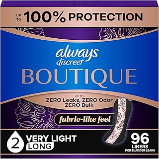 Boutique Incontinence Panty Liners for Bladder Leaks, Size 2, Very Light Absorbency, Long Length, 96 Count (3 Packs of 32)