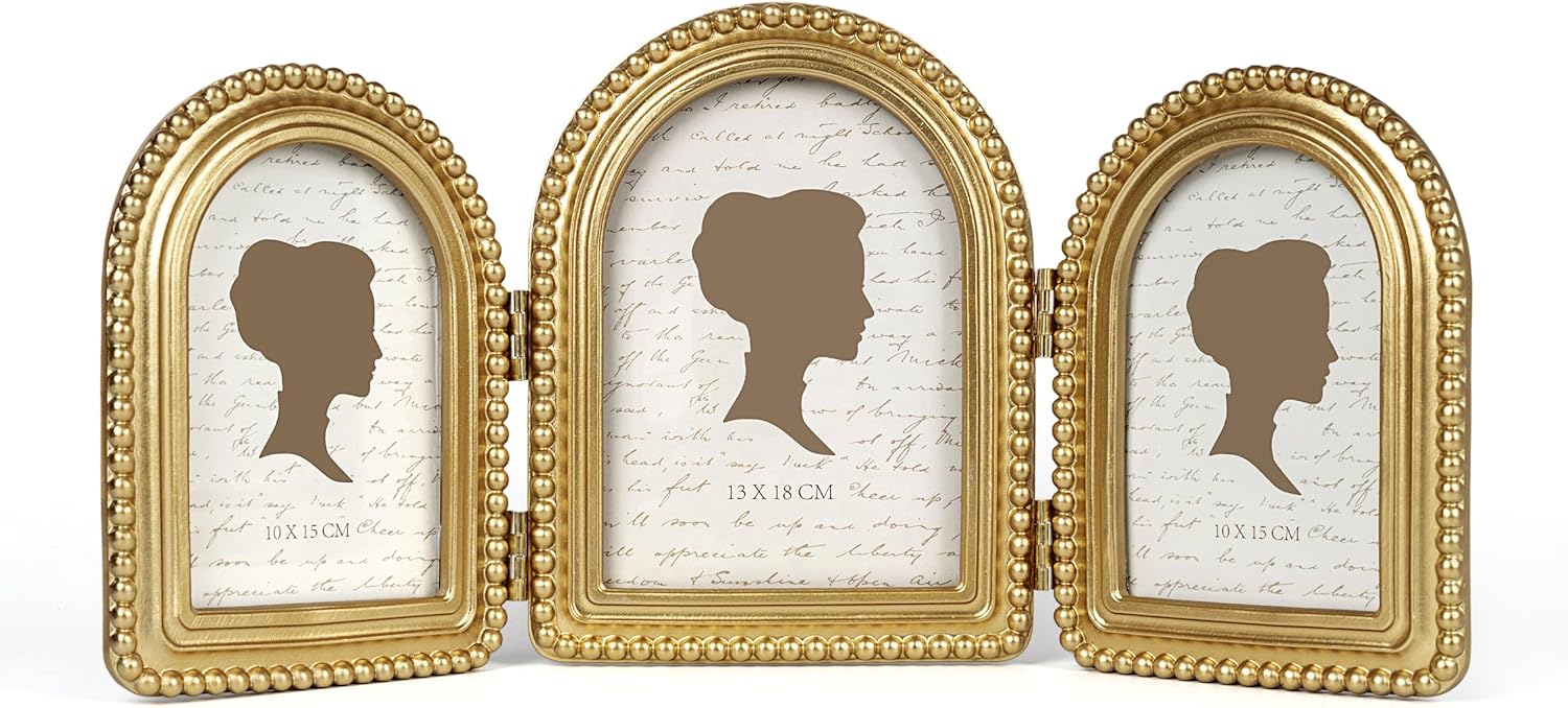 AELS Gold Family Collage Picture Frame Set 5x7 4x6, Vintage Triple Hinged Photo Frames with 3 Openings, Desktop Trifold Frame with Real Glass, Antique Three Picture Display for Tabletop Decor