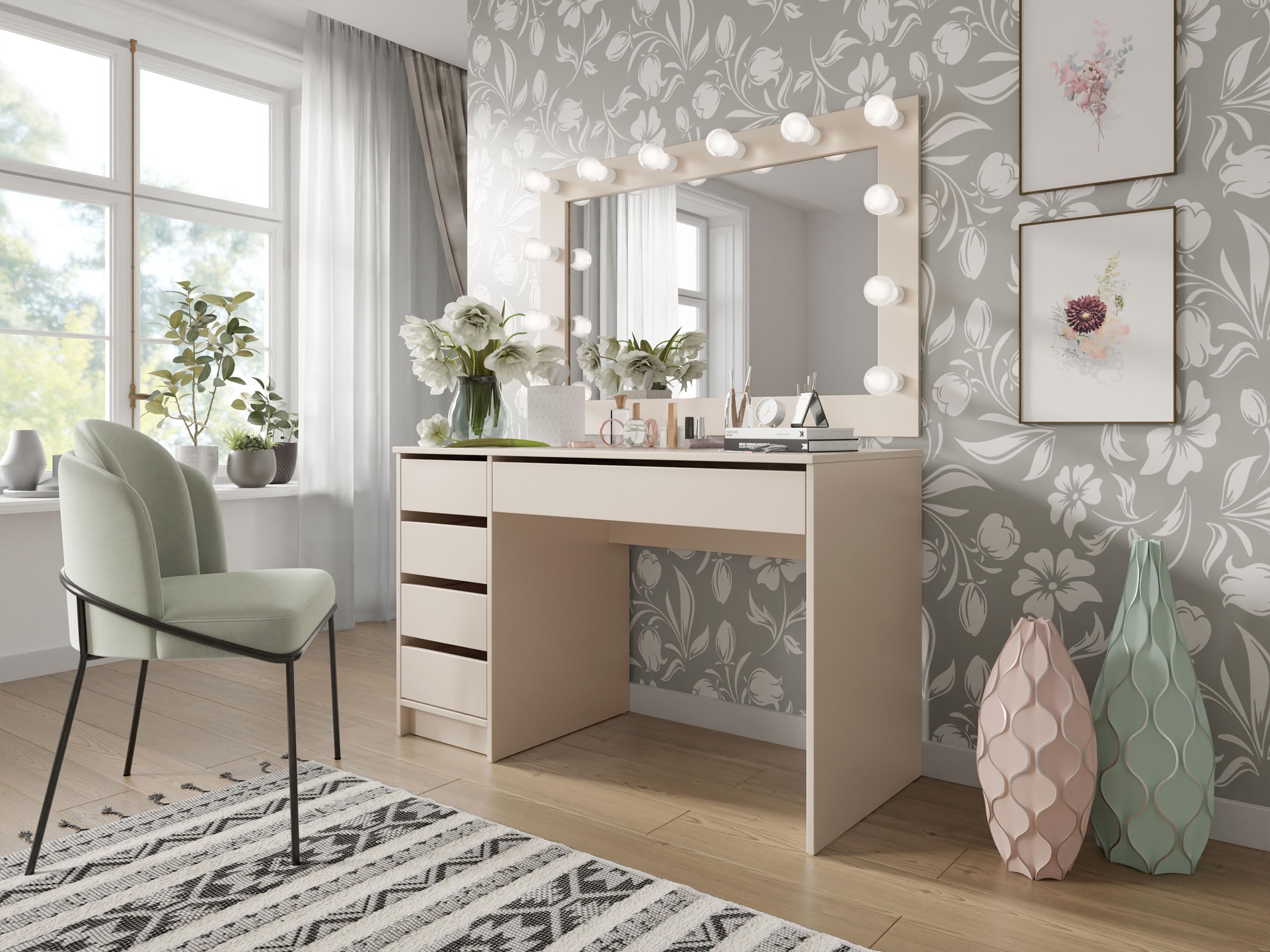 Mirjan24 Schreibtisch Ada, 5 Universale Schubladen Schülerschreibtisch Computertisch Kinderschreibtisch Arbeitstisch PC-Tisch Jugendzimmer Kinderzimmer (Sandbeige)