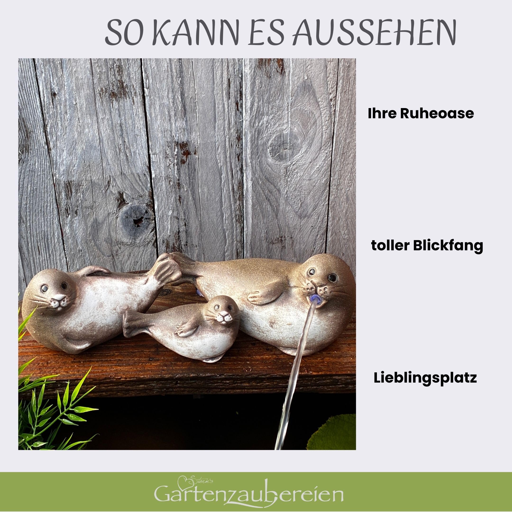 Storm's Gartenzaubereien Solar Wasserspeier Robben Set aus Keramik - 3er Set Robbenfamilie inkl. Solarpumpe - Maritime Dekofiguren für Garten/Balkon - Stromloser Teichbrunnen mit 3m Kabel
