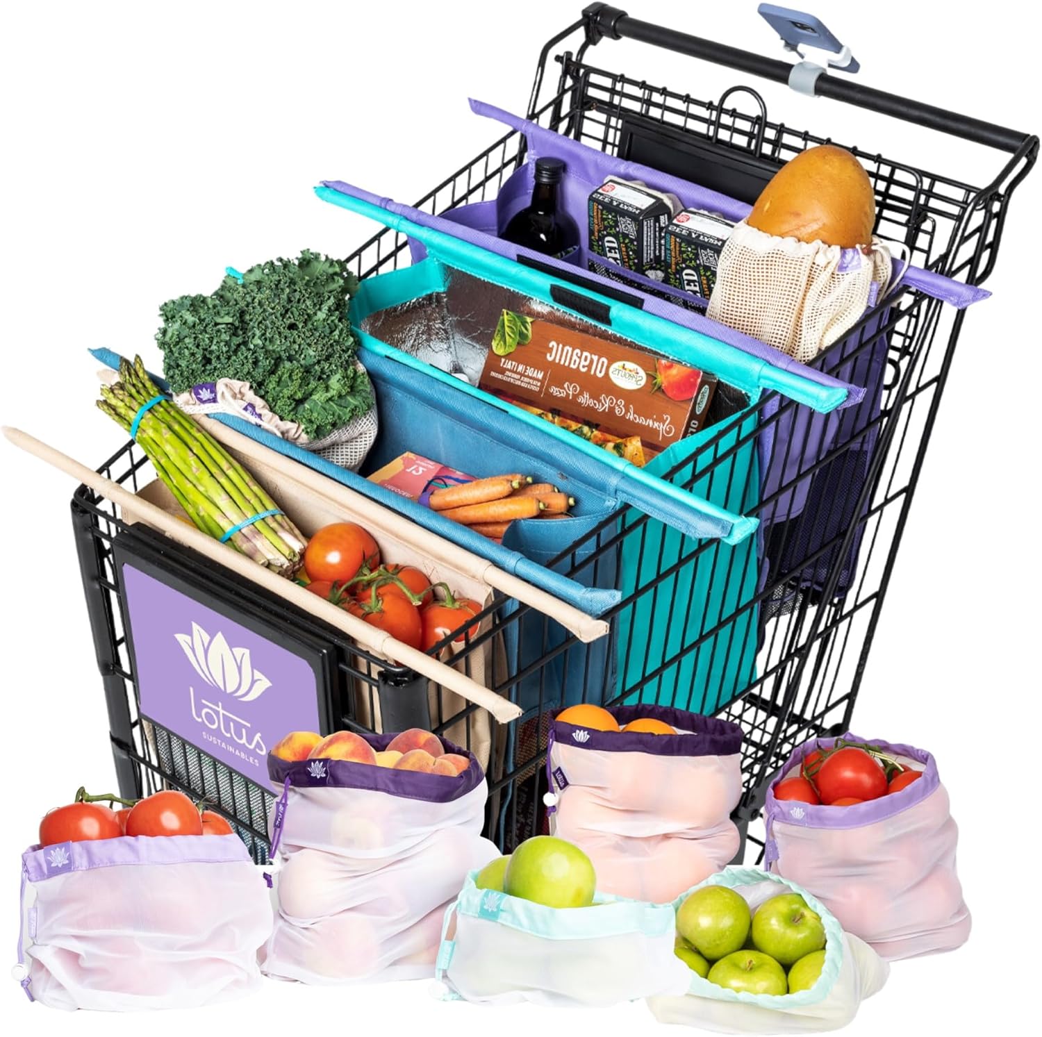 Lotus Trolley Bag Reusable Grocery Cart Bags (Purple) Set of 4 and Reusable Netted Produce Mesh Bags Set of 9