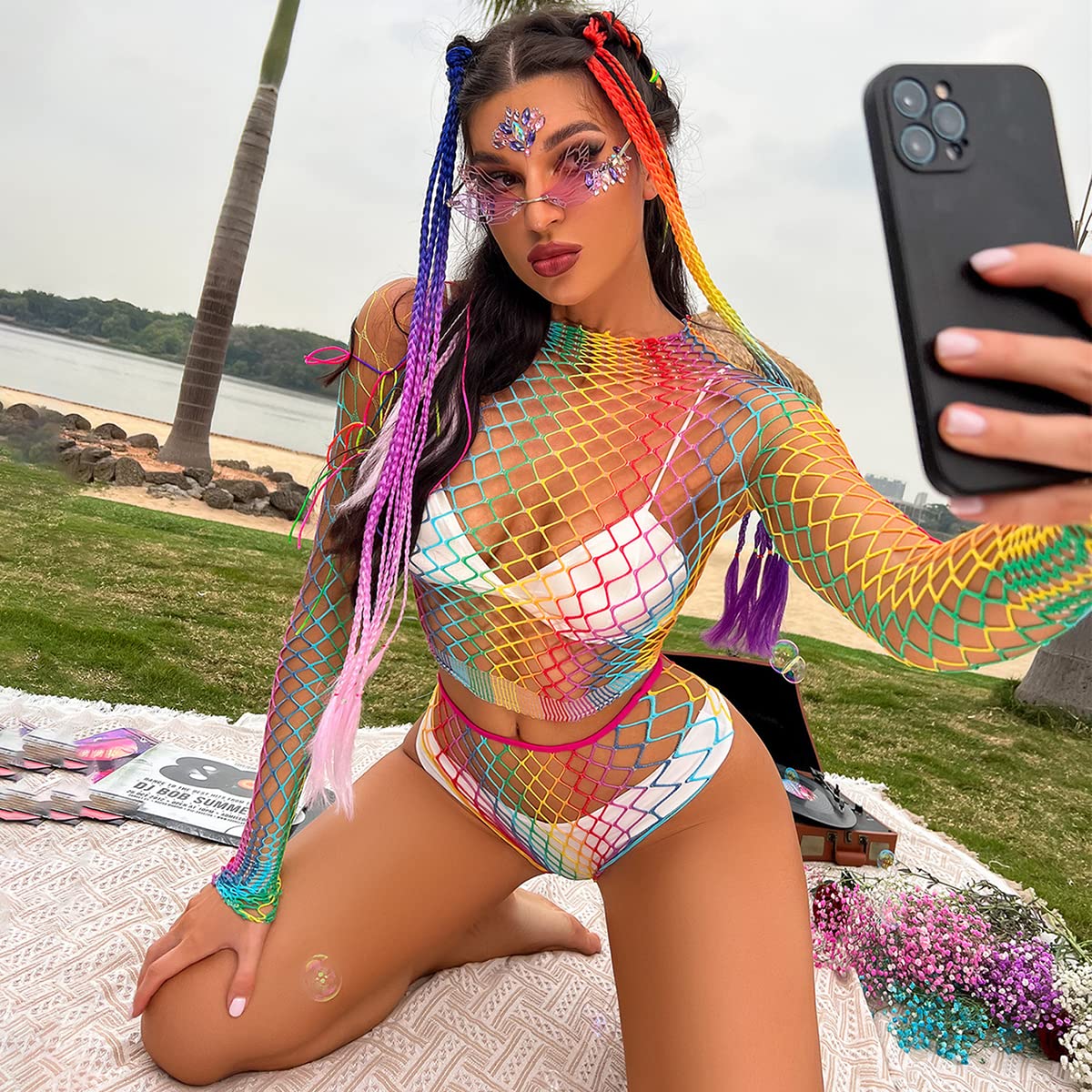 ABEHIK Arcobaleno, body da donna, sexy, rave, festival musicale, abbigliamento colorato, biancheria da notte, biancheria da notte, top a rete, bikini cover up