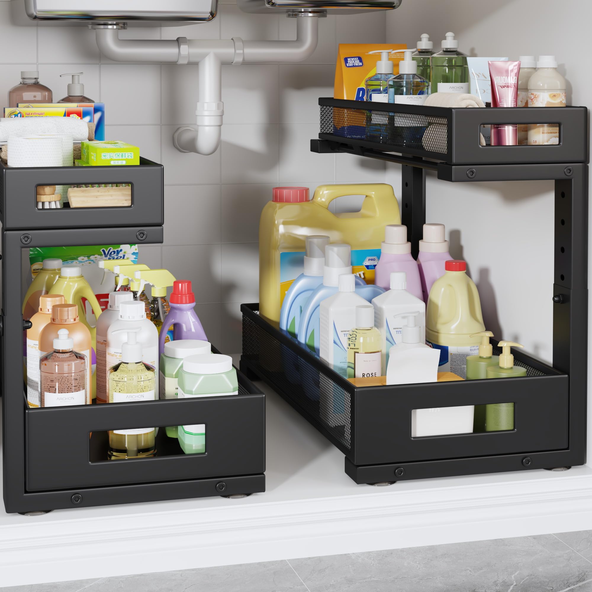 2 Pack 17IN Depth Under Sink Storage Organizer, Large 2-Tier Elegant Mesh Pull Out Shelf for Kitchen and Bathroom Cabinet Organization, L-Shaped and Adjustable Height Design-Black