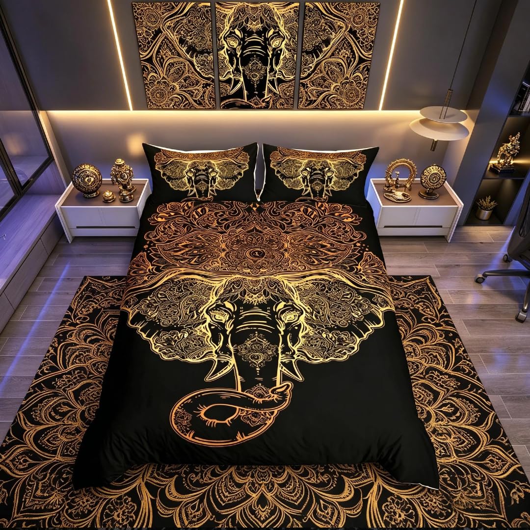 Homemissing Elephant Duvet Cover Boho Exotic Style Bedding Set for Kids Boys Girls 6D Wild Animal Pattern Comforter Cover Ethnic Elephant Print Bedspread Cover 3Pcs Zipper King