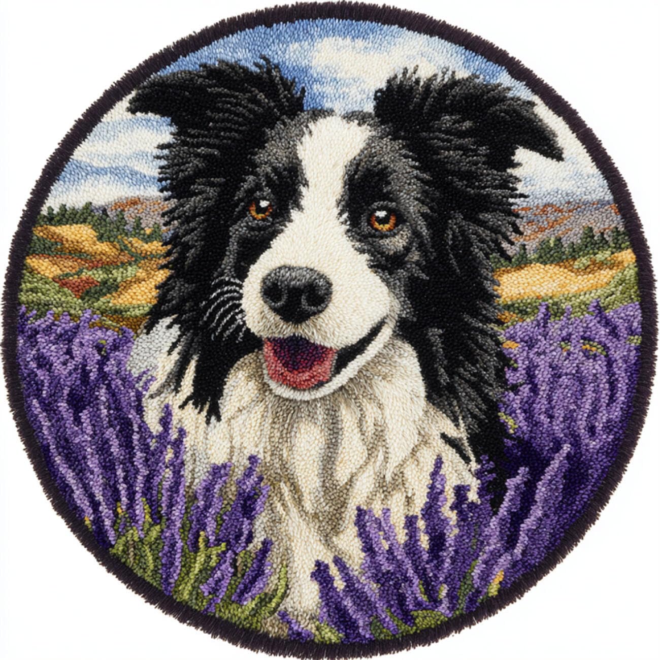 Kitquiver Dog Animal Rug Making Kits Border Collie and Lavender Latch Hook Rug Making Kit for Adults Embroidery Kits DIY Carpet Needlework for Home Decor 50x50cm