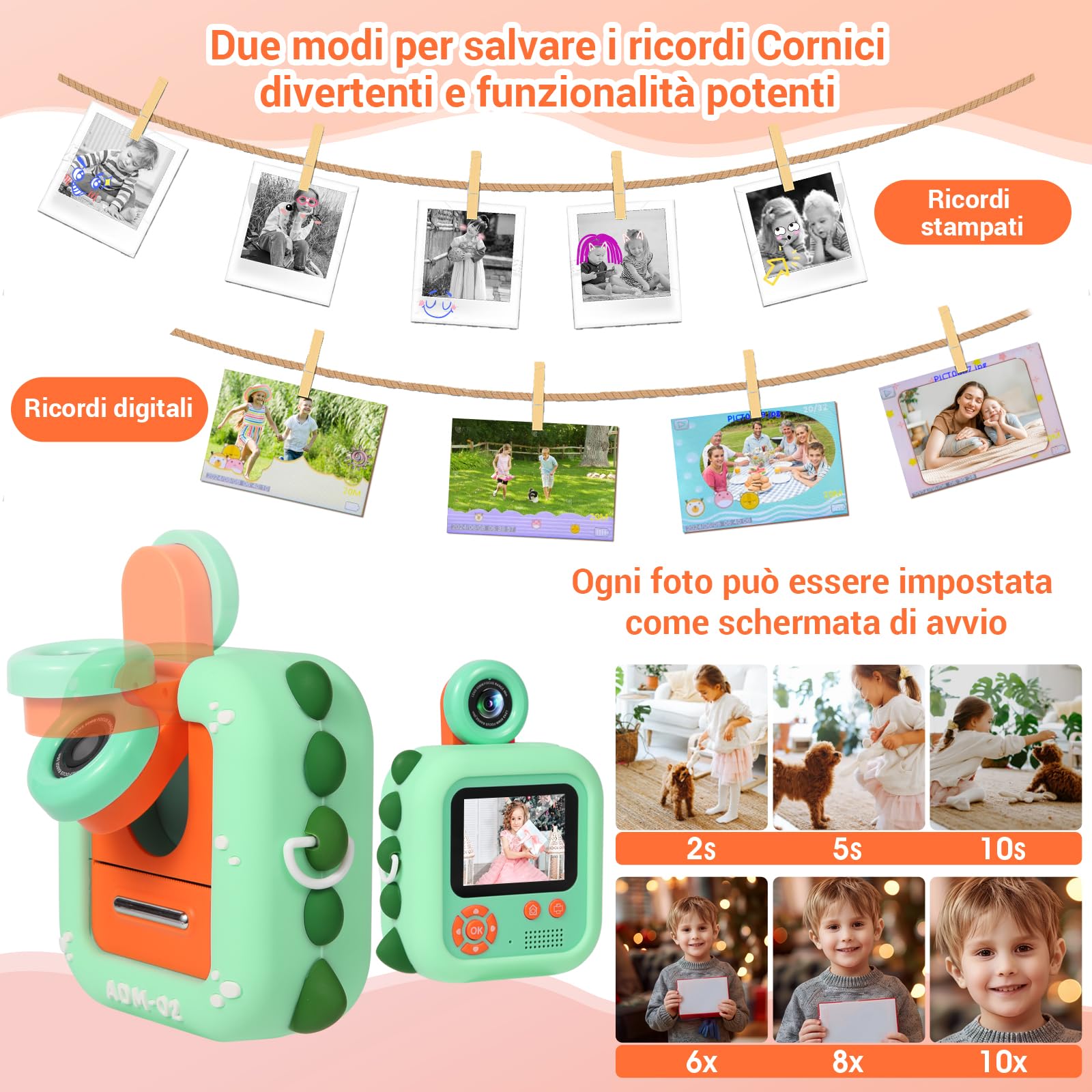 Macchina Fotografica Bambini Istantanea, ZUEOKAI 2,4" Fotocamera Istantanea Bambini con 180° Flip Obiettivo e 3 Stampa Carta, 32GB, Fotocamera con Silicone Custodia, Regalo Bambina Bambino 3-10