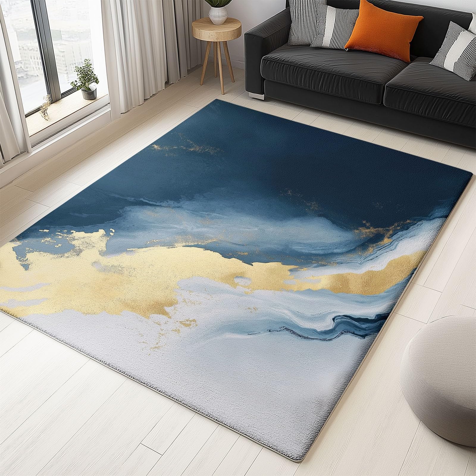 Lavabile in Lavatrice Tappeto per Soggiorno Camera da Letto Ufficio Decorazione 120 x 180 cm, Astratto Semplice Illustrazione Marina Tema Flanella Tappeti con Supporto Antiscivolo, Blu Scuro