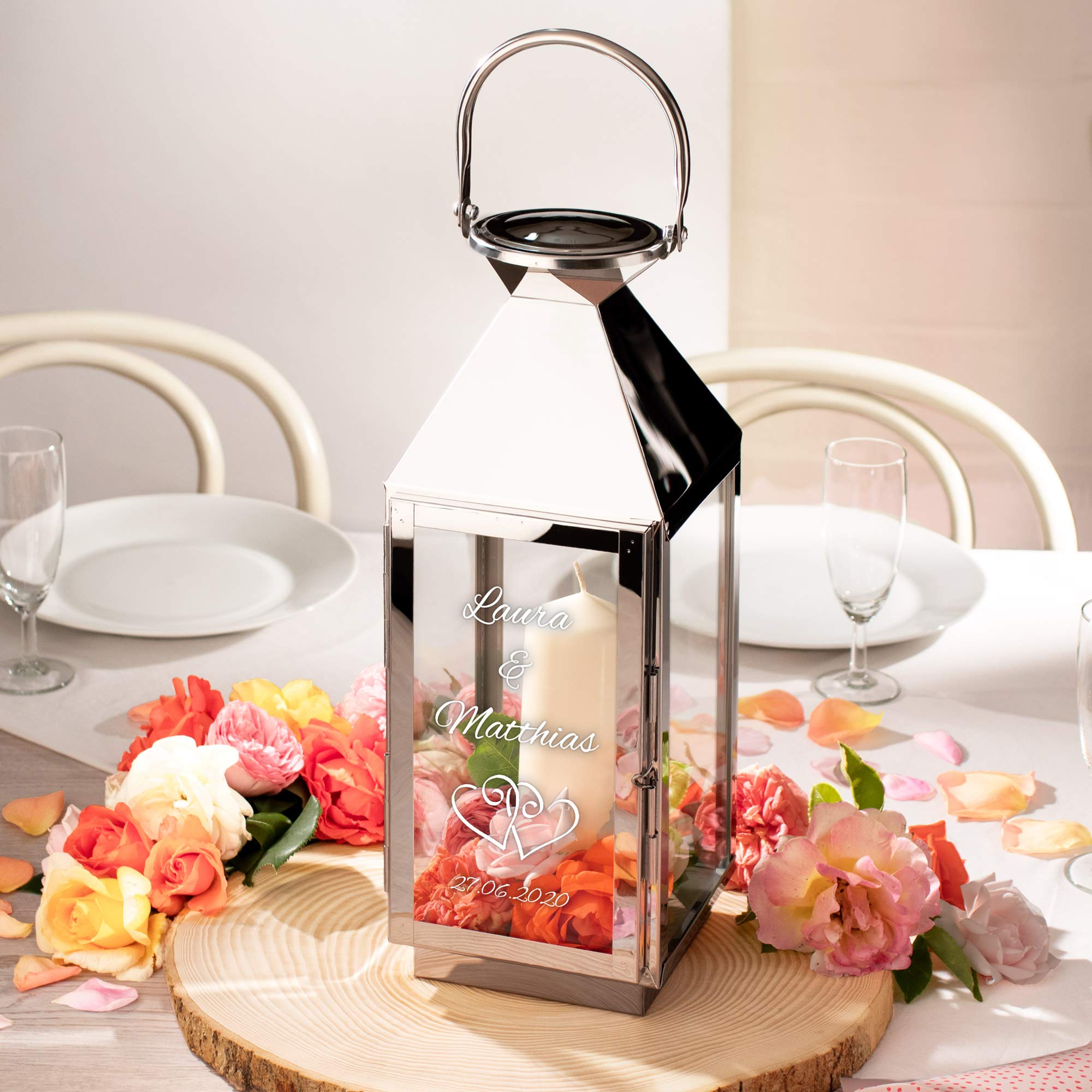 Casa Vivente Laterne aus Edelstahl mit Gravur zur Hochzeit, Personalisiert mit Namen und Datum, Motiv Herzen, Geschenkidee für Paare