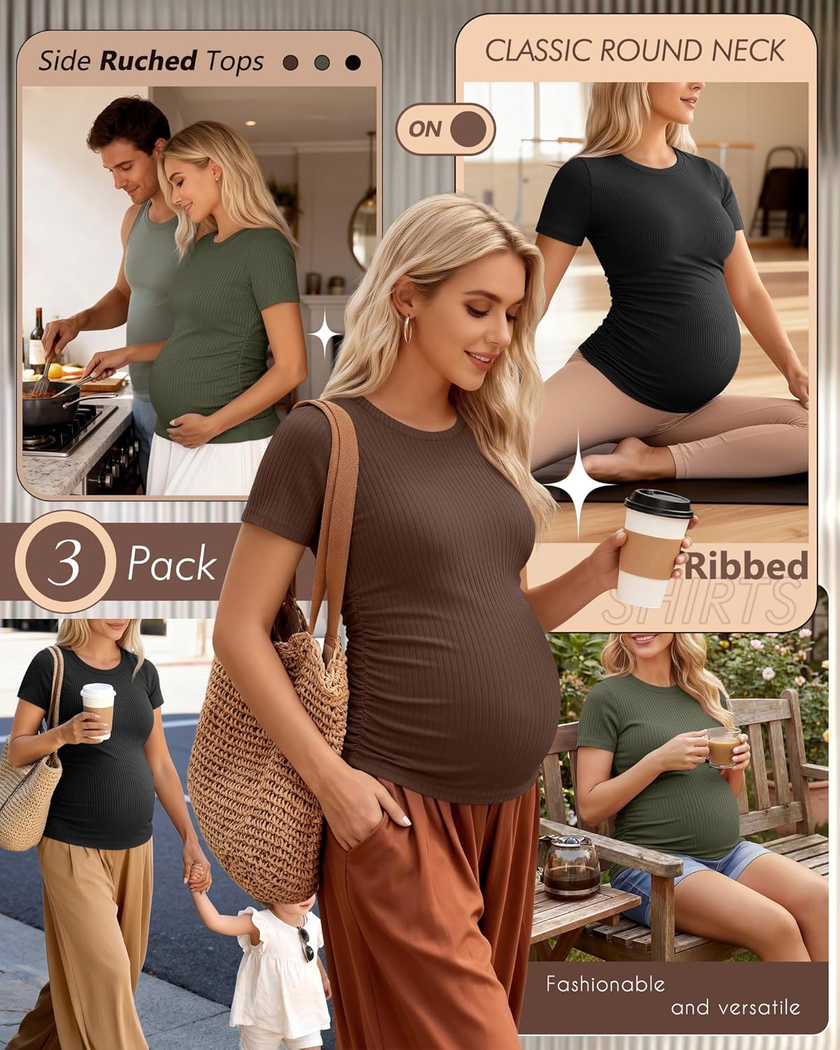 Ficerd 3 Pack Women's Maternity Shirts Cotton Short Sleeve Pregnancy Tops Side Ruched Ribbed Casual Mama tees Clothes - Image 2