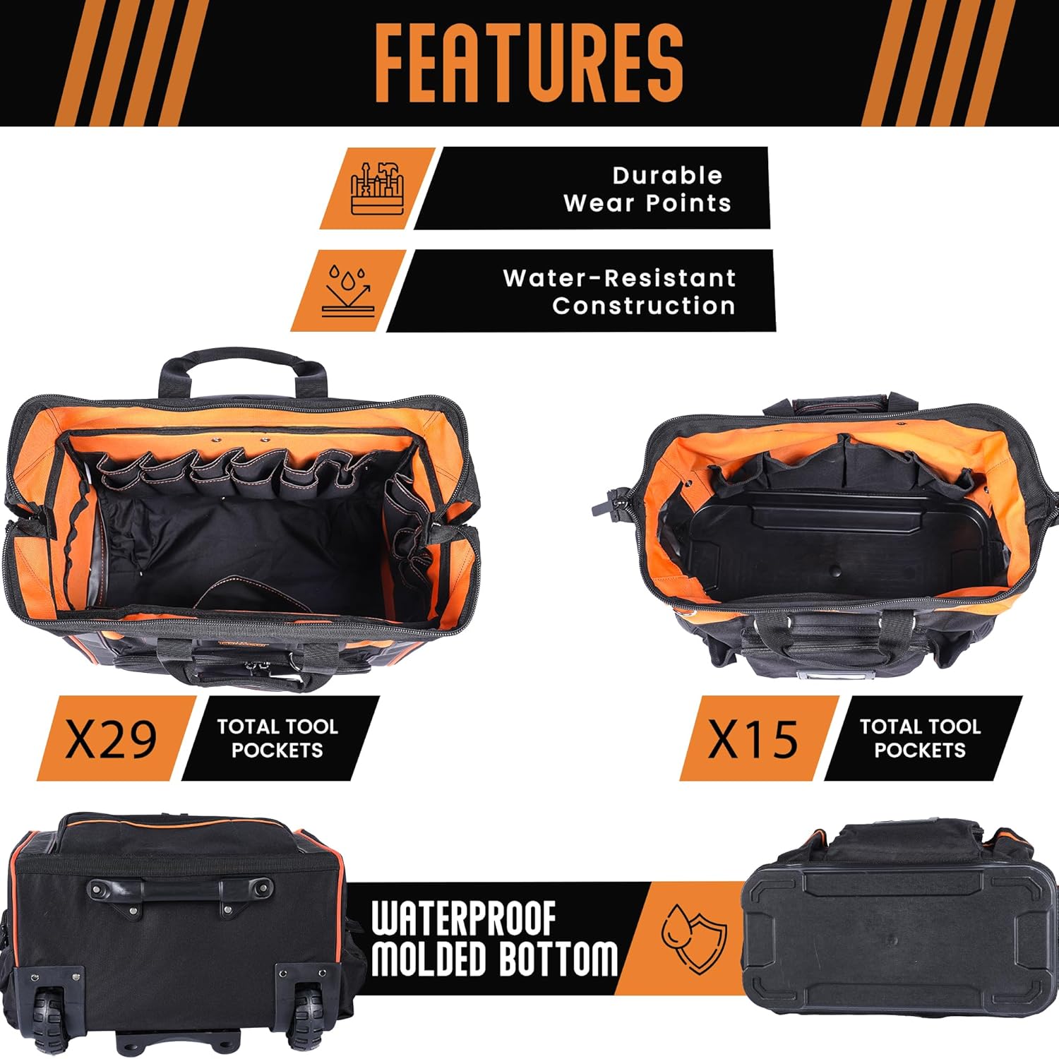 18" Rolling & Duffle Tool Bag - 2 Pack - Portable with Wheels - Water Resistant Fabric - 29 & 15 Pocket Roll Tool Bag for Mechanics, Electricians, Plumbers & Hvac