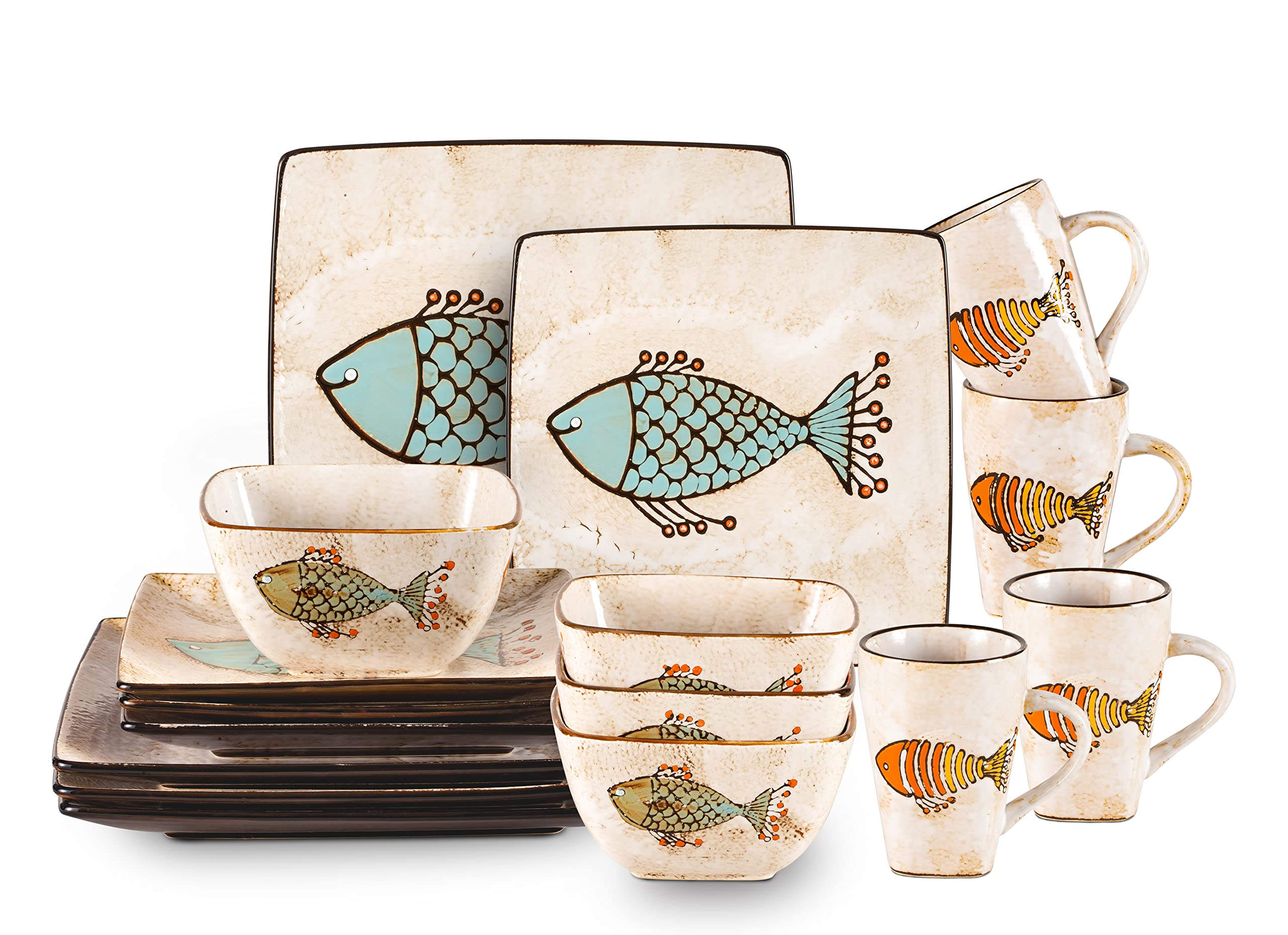 HomeVss, Stoneware Artisan Hand Painted Fish, 16pc Reactive Glaze Dinnerware Set