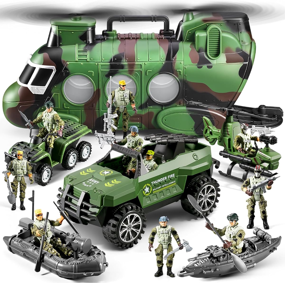56-in-1 Army Men Toys Sets for Boys 4-7 8-12, Army Helicopter/Truck/Kayak Boat/Motorcycle/Army Men Action Figures/Weapon Gears, Army Toys for Boys Kids Birthday Gifts Party Favors