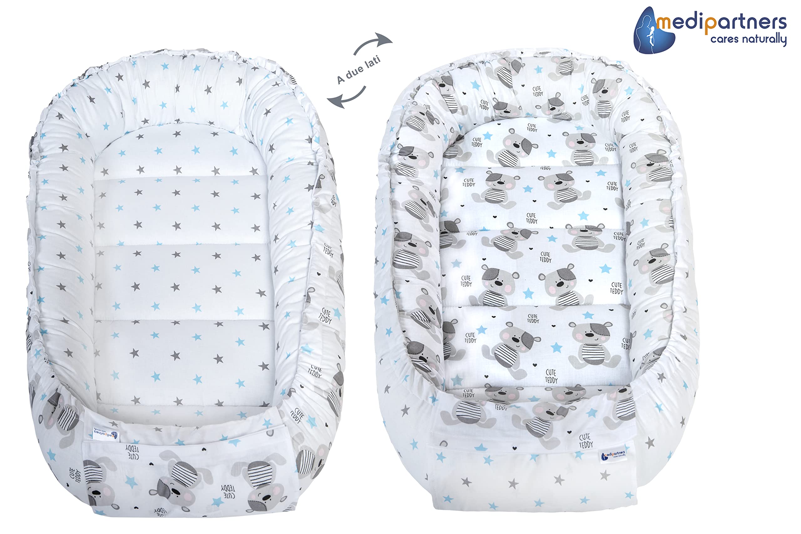 Medi Partners Riduttore Lettino Neonato - 100x60x15 Nido Antisoffoco Neonati 5-Parti Bozzolo Culla per Bebè neonata bilaterale Cuscino 100% Cotone (Teddy con Minky azzurro)