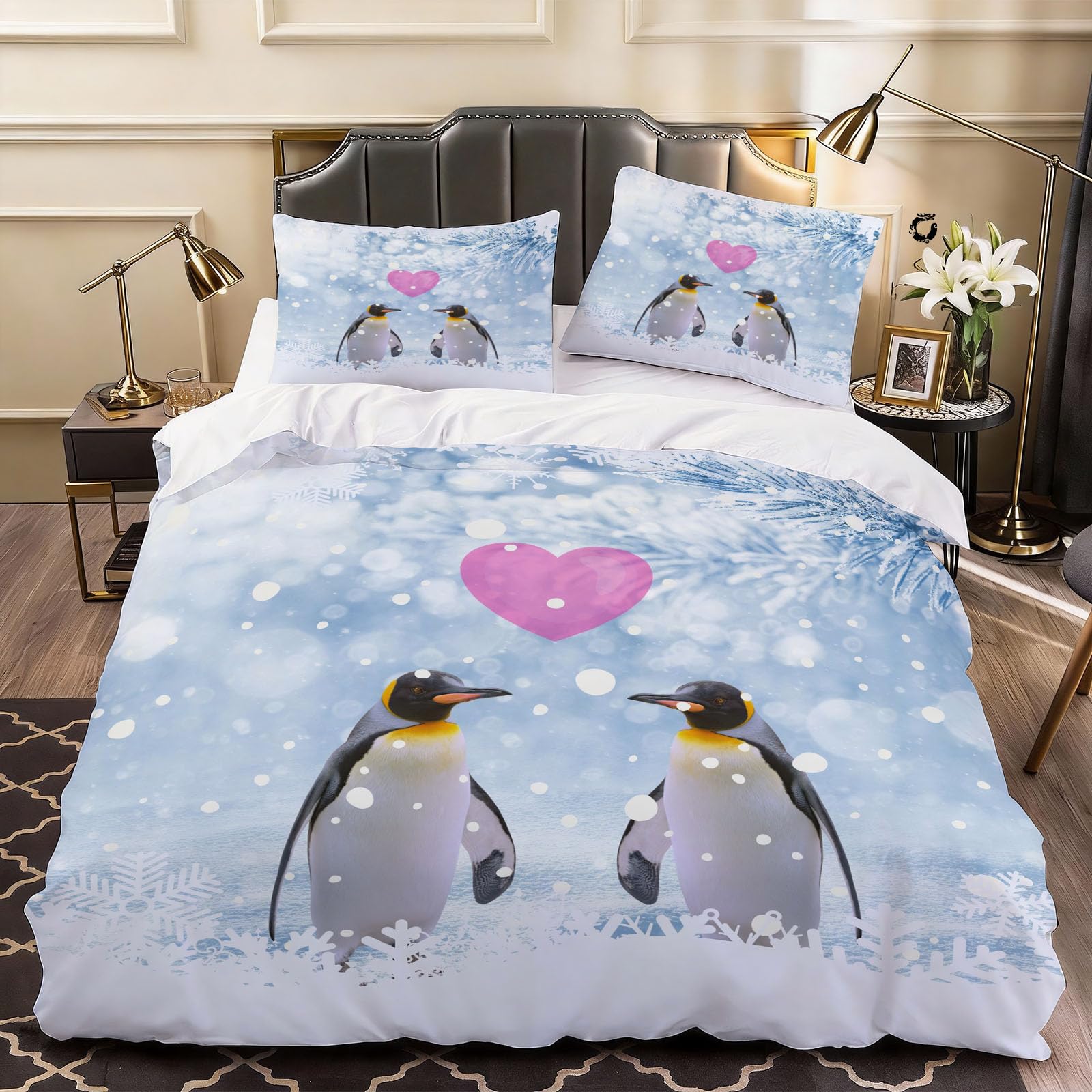 3D Penguin Snow Duvet Cover Love Pattern Romantic Bedding Double Bed Set, Soft Microfiber Comforter Cover Printed with Zipper Closure Quilt Coverr 200x200 cm and 2 Pillowcases