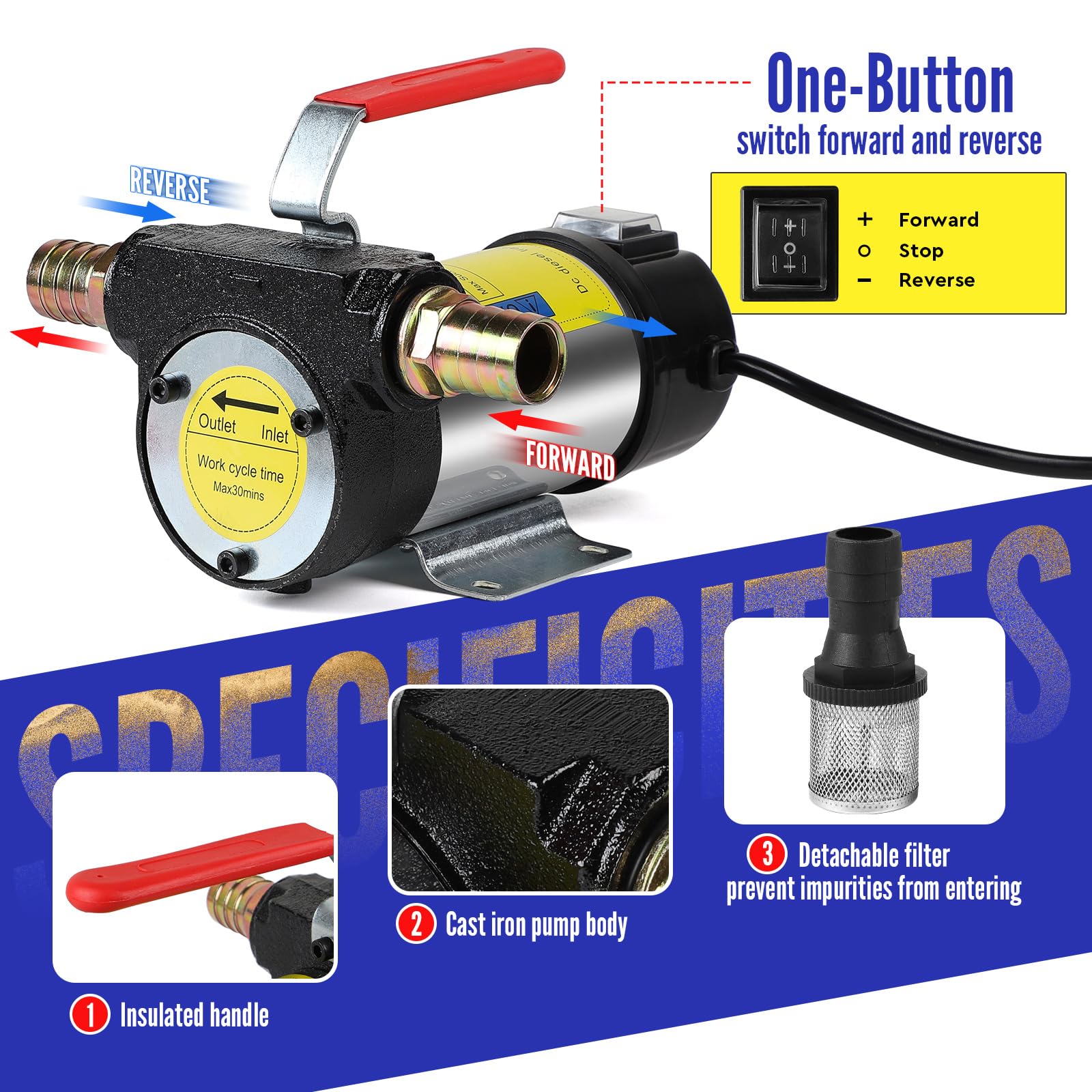 SWAWIS Pompa Diesel Elettrica 12V 175W, Pompa Travaso Gasolio 45l/Min con Pistola Manuale per Olio e Tubo Flessibile, Pompa di Trasferimento Diesel per Navi Campi Petroliferi Escavatori