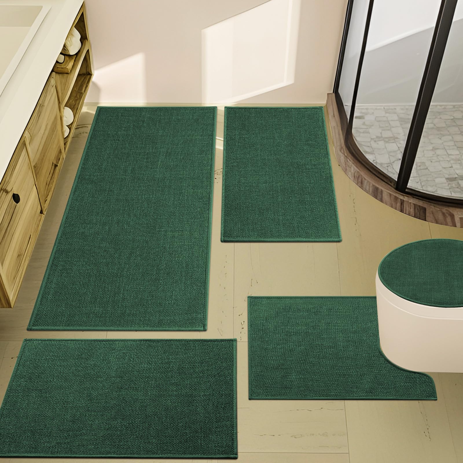 YIHOUSE Juego de 5 alfombras de baño verdes absorbentes, antideslizantes, lavables, de secado rápido, delgadas, para inodoro y suelo