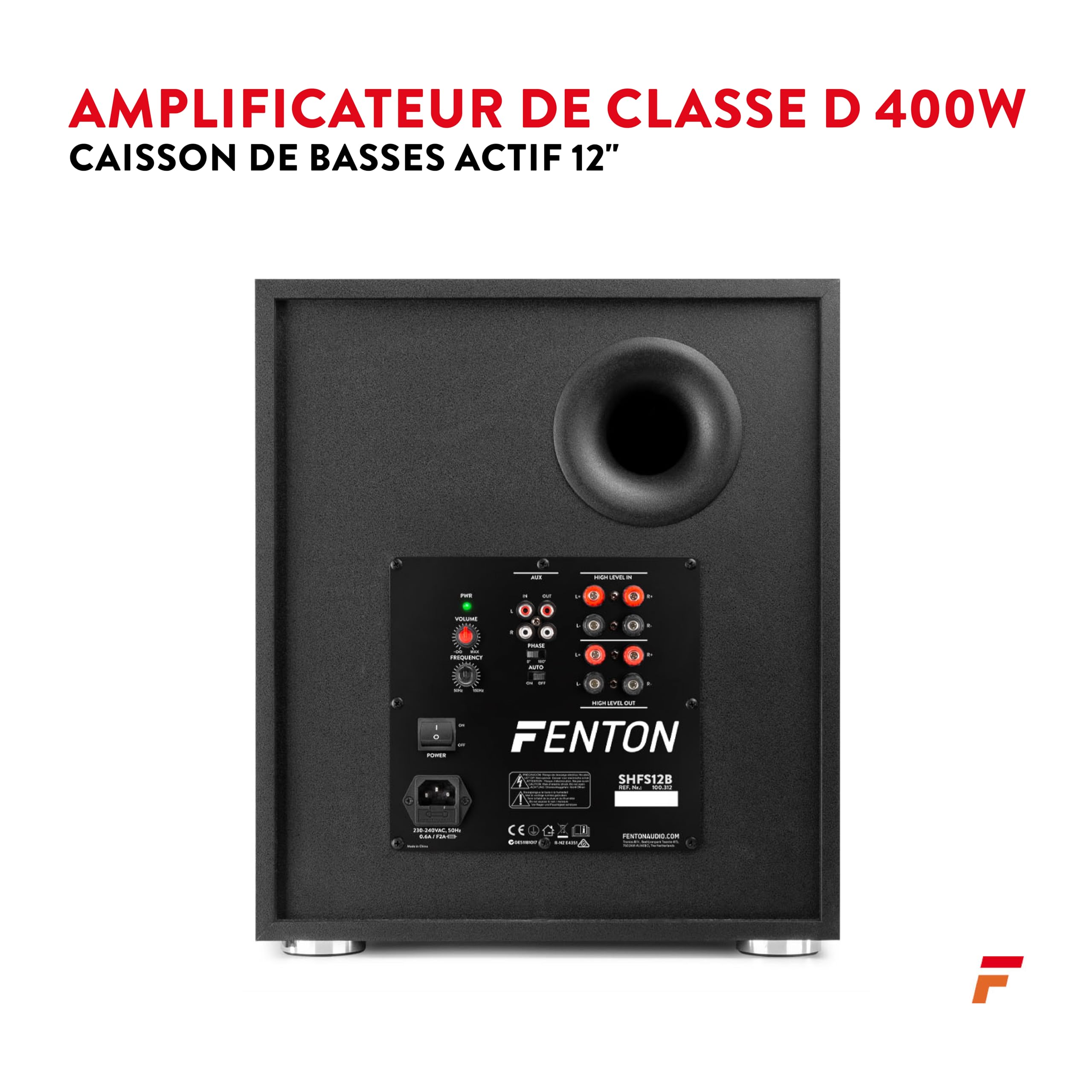 Fenton SHFS12B Subwoofer Amplifié 12 Noir, Caisson de Basse Actif, 400 Watts Max, Bass-Reflex, Qualité Sonore Optimale, Caisson de Basse pour Home Cinéma ou HiFi