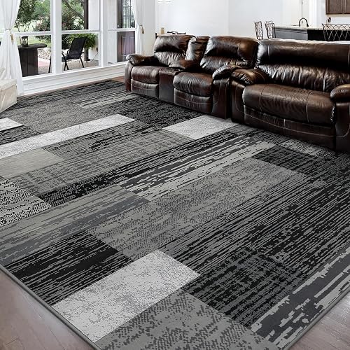FlyDOIT 7x10 Modern Geometric Patchwork Grey Area Rug