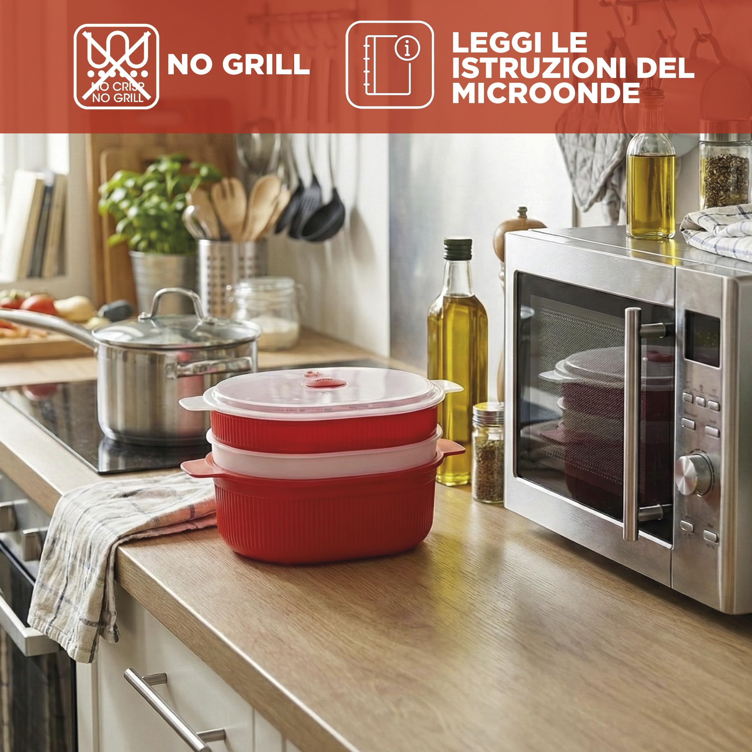 Snips - Vaporiera Microonde Rossa 4L con 2 Vassoi Sovrapponibili per Doppia Cottura a Vapore, Contenitori per Alimenti - Contenitore per Microonde, 26.5x22x13.5 cm, Made in Italy