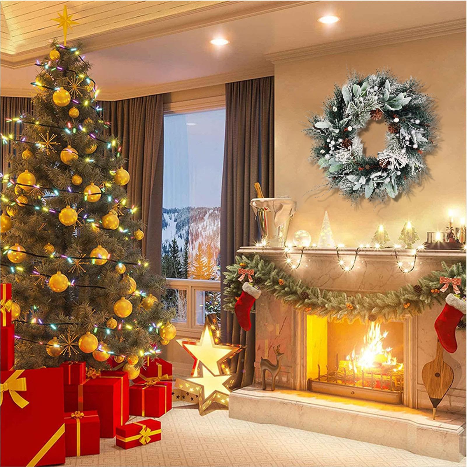 Corona de Navidad artificial, decoración navideña con piñas, decoración para ventana de cocina, salón, puerta de entrada, fiesta, interior y exterior, estilo rústico