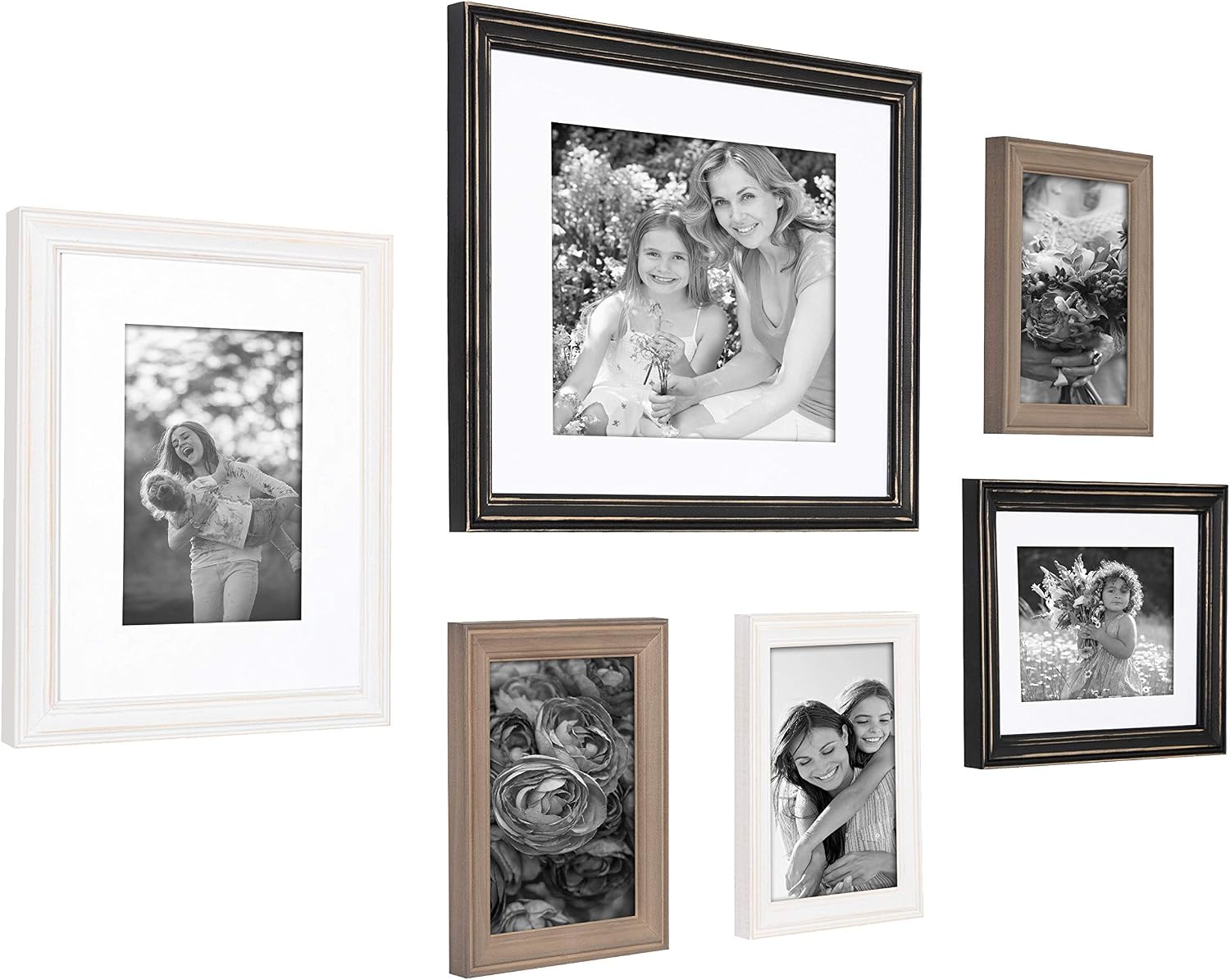 Kate and Laurel Bordeaux Industrial Farmhouse Gallery Frame Wall Kit, Set of 6 with Assorted Size Frames, Rustic Brown, Distressed Black, Whitewash