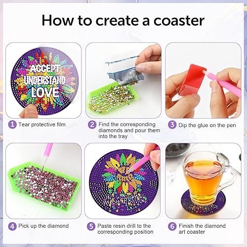 Miniatura 3 de Cumule Juego de 8 posavasos de pintura de diamante de panda con soporte, posavasos de diamante con bases de corcho para adultos, suministros de