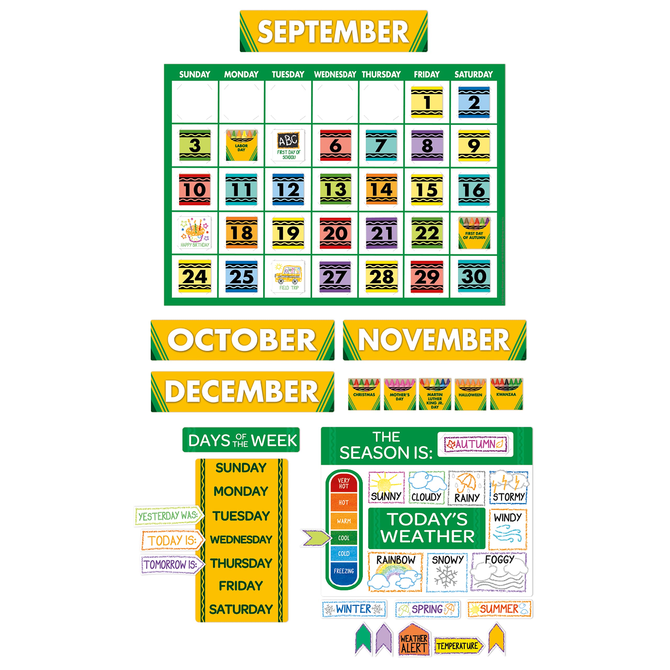 Eureka Crayola Colors and Shapes Classroom Calendar Bulletin Board Set for Teachers, 28 Pieces
